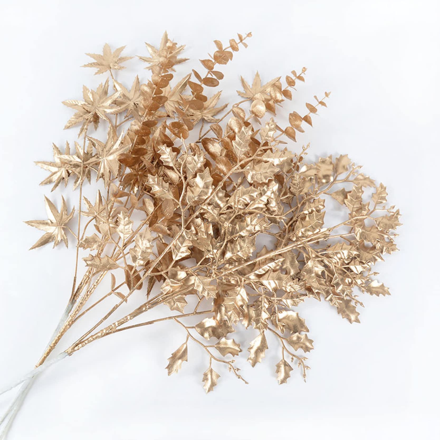 EBRICON 2 Pack Gold Artificial Eucalyptus Stems - Fake Fern Leaf Plants with Peacock Feather Branches for Vase Filler, Home Decor, Wedding Centerpieces & Christmas Party Decoration | Perfect for Table Settings, Mantel Displays and Seasonal Arrangements