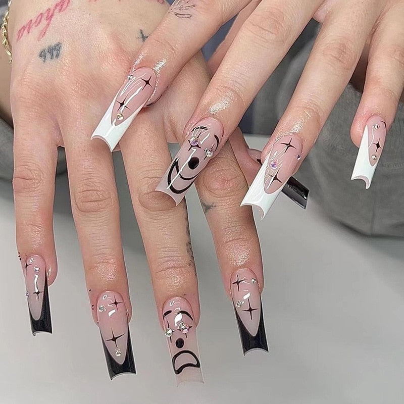 Black & White French Star Rhinestone Press-On Nails - Long Ballet Fake Nails with Glue | Full Cover False Nails for Women | Perfect for Parties, Weddings, Prom & Special Occasions