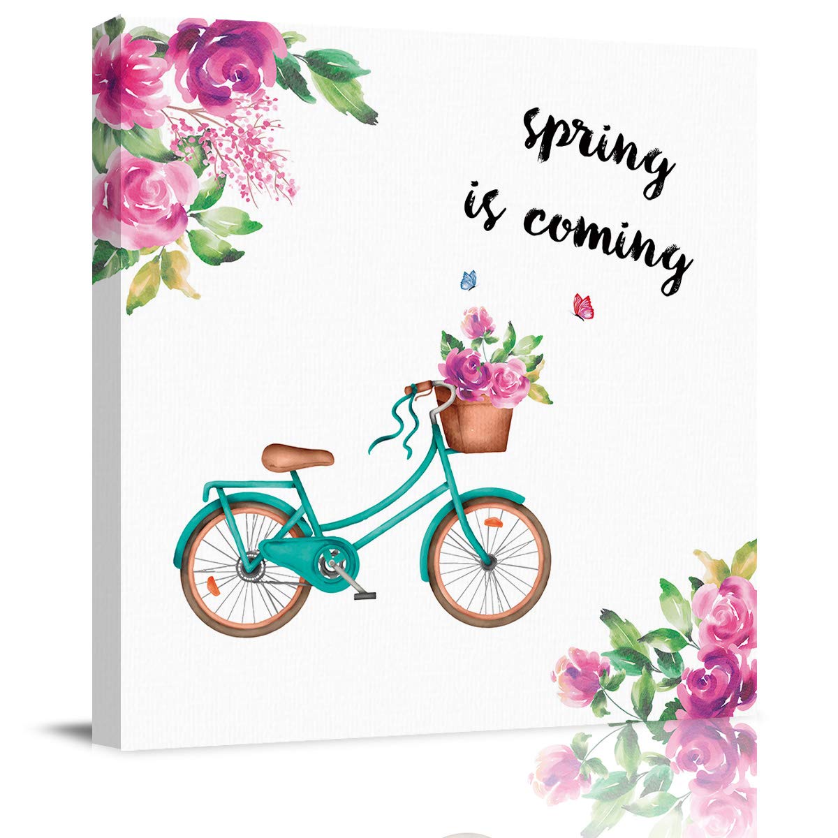 Square Canvas Wall Art - Bicycle & Flowers Spring Coming Pattern - 8x8 Inches Ready to Hang - Modern Home Decor for Living Room, Bedroom, Office - Perfect for Spring Refresh & Housewarming Gifts