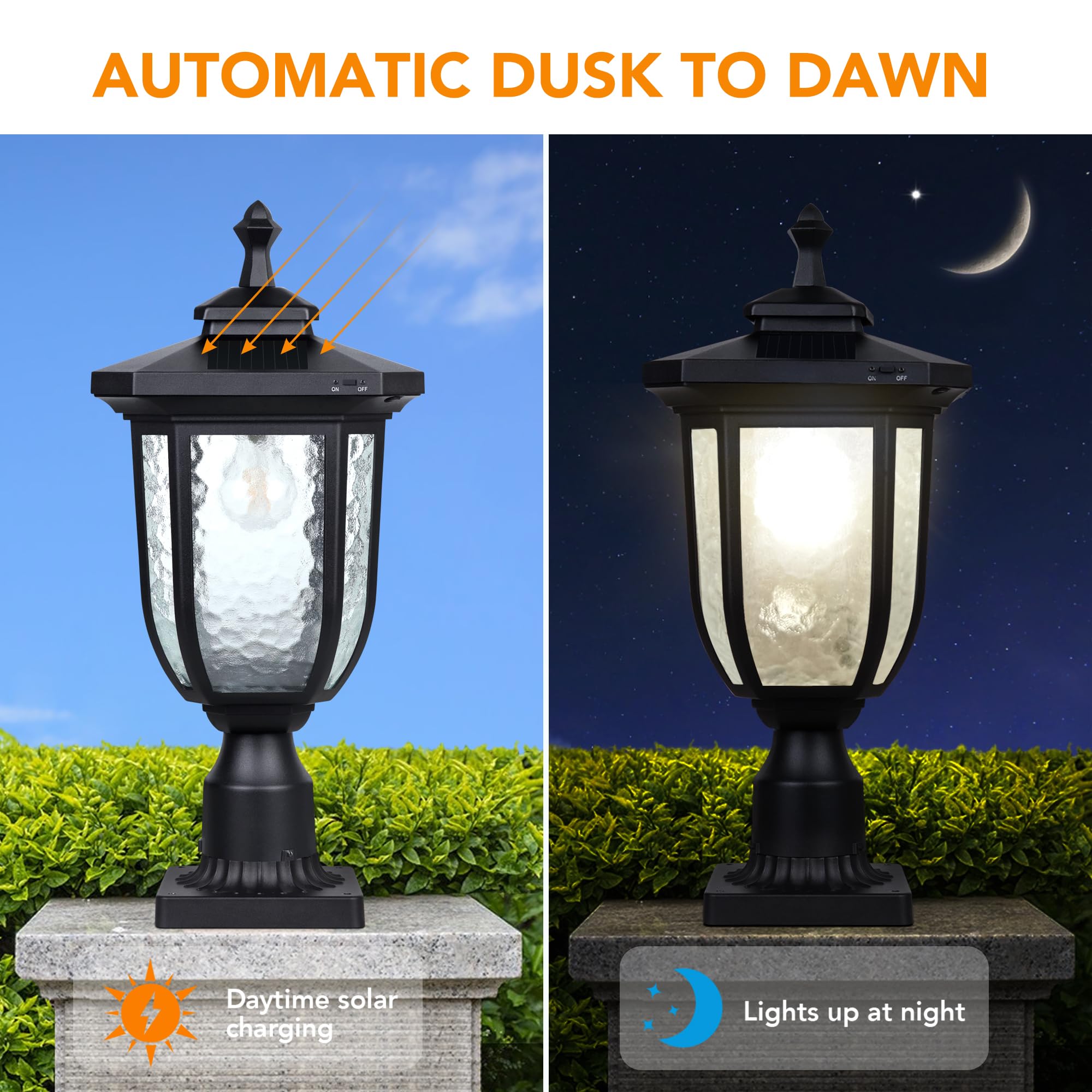 KMC ST4322Q Solar Post Lights - 120 Lumen Outdoor Solar Lamp with 3-Inch Fitter Base, Die-Casting Aluminum Black Pier Mount - Perfect for Garden, Yard, Pathway, and Landscape Lighting
