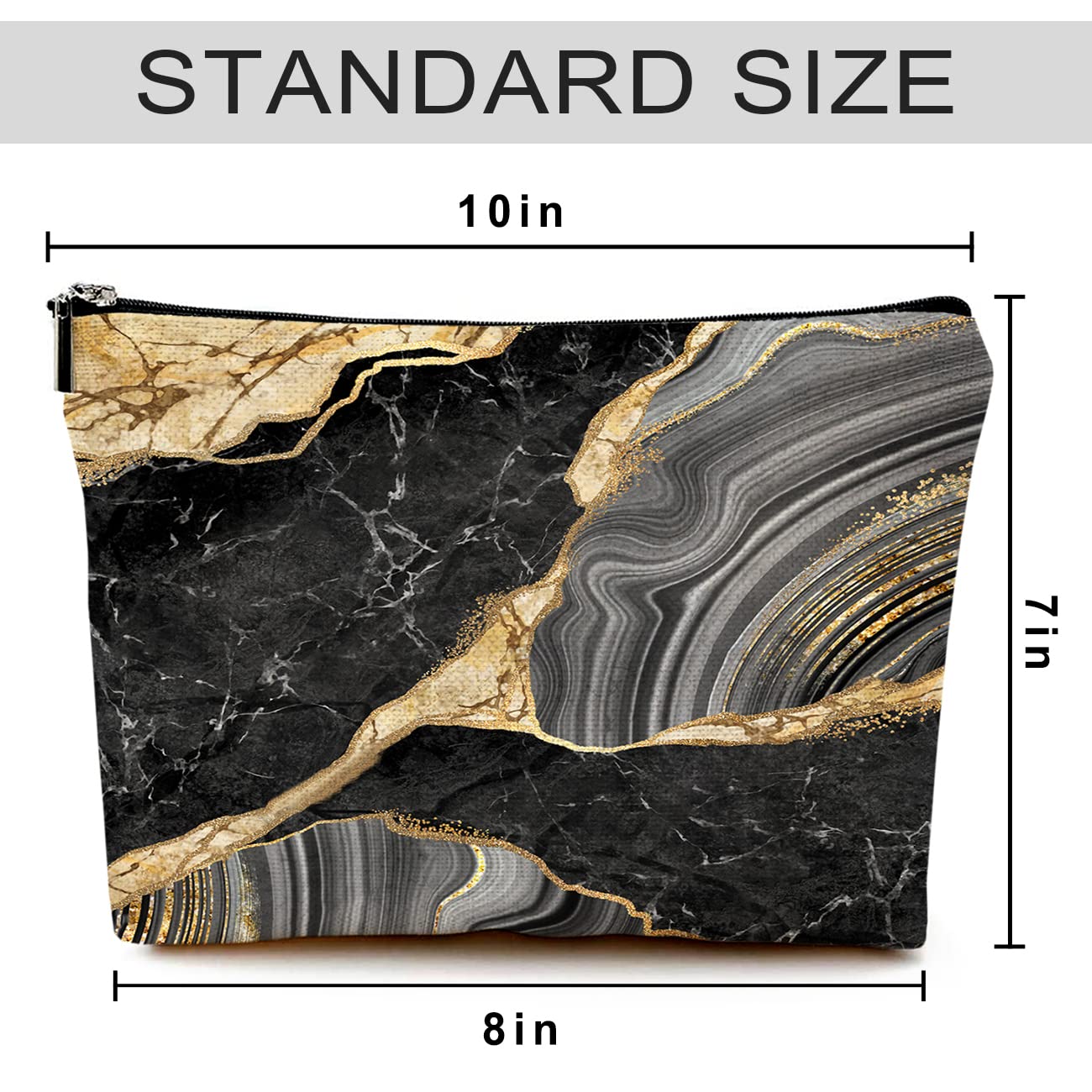 Waterproof Canvas Makeup Bag for Women - Cute Funny Cosmetic Travel Pouch with Zipper, Black Marble Design | Perfect for Purse, Toiletry & Travel Essentials