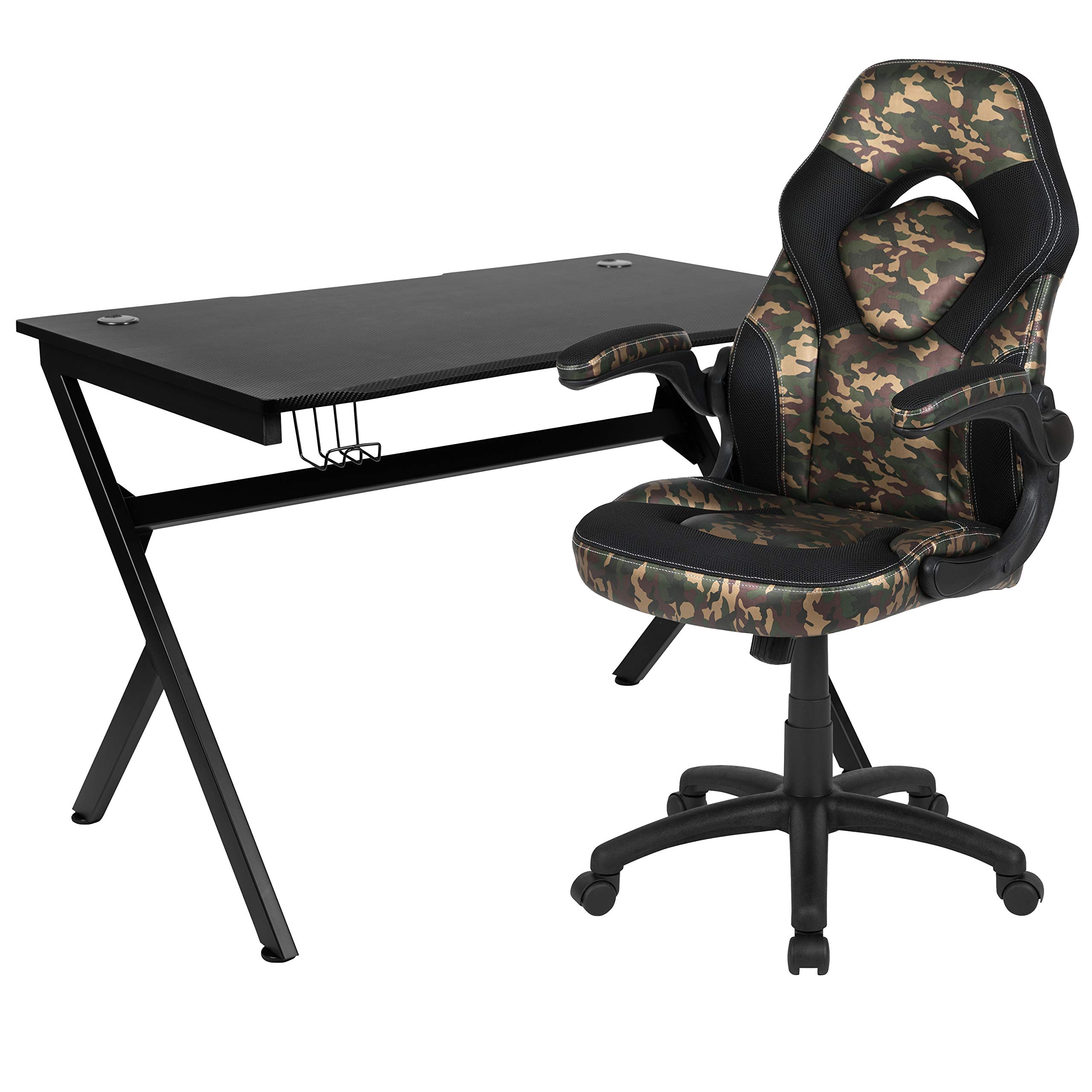 Premium Black Gaming Desk & Camouflage Racing Chair Set with Cup Holder, Headphone Hook & Cable Management - Ergonomic PC Gaming Setup for Esports, Streaming & Home Office