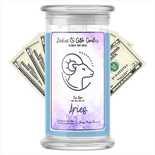 Aries Zodiac Soy Candle with Cash Prize ($2-$2,500) | 21oz Jar Candle in Café Mocha Scent | Perfect for Home Decor, Gift Giving & Zodiac-Themed Parties