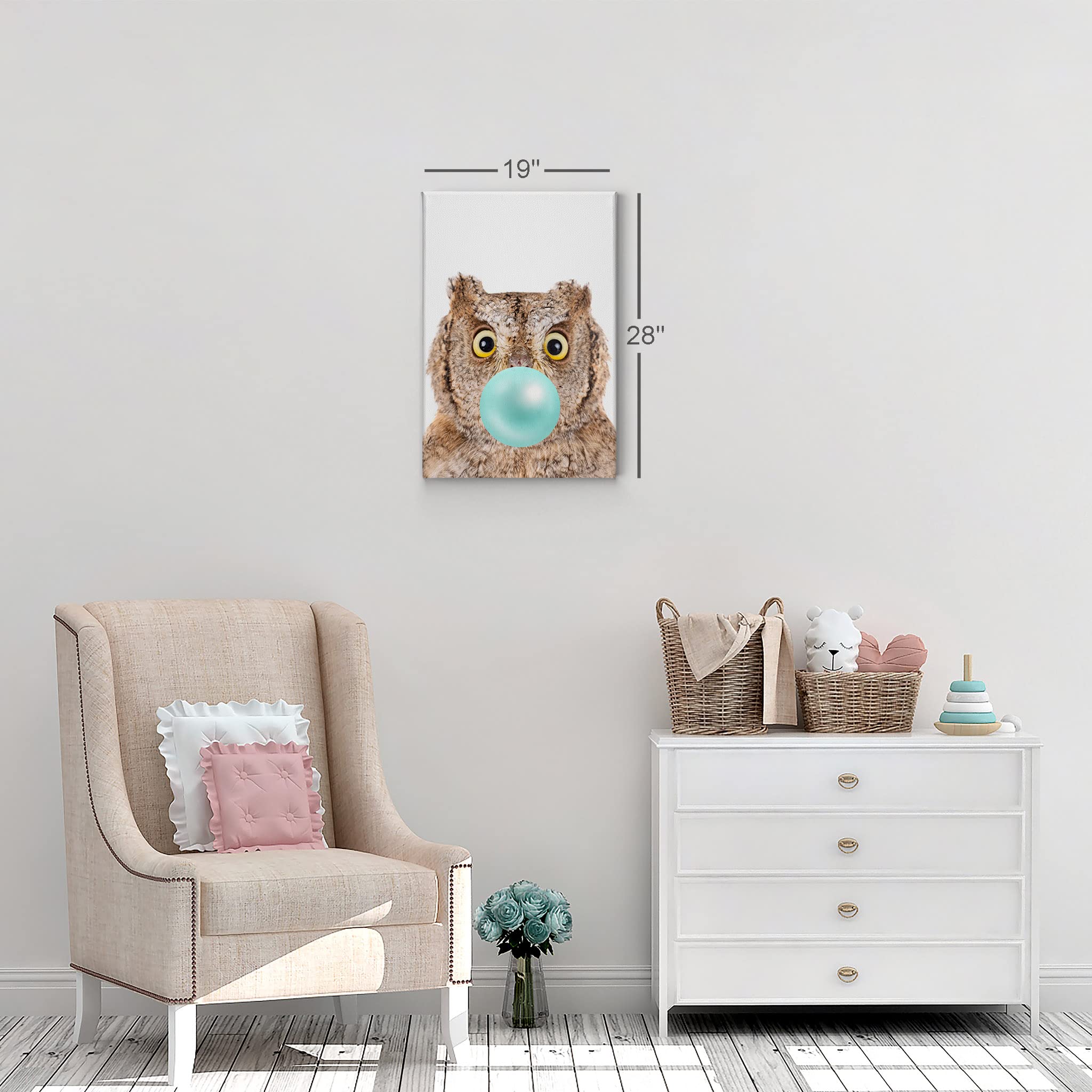 Eurasian Scops Owl Chewing Blue Bubble Gum Canvas Wall Art Print - 28x19 Inch Pop Animal Art for Office, Living Room, Bedroom & Nursery Decor | African Safari Theme Kids Room Wall Decor