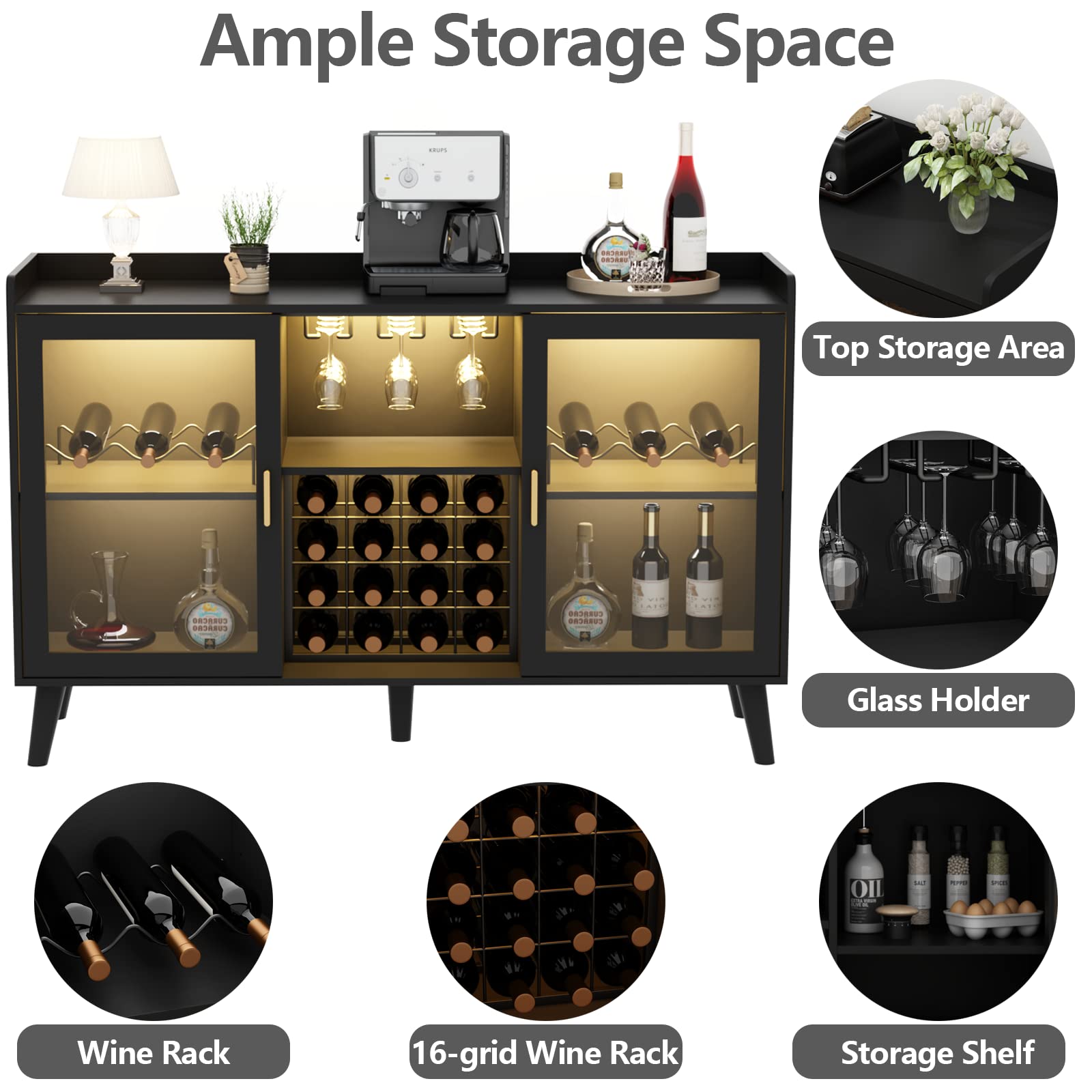 Modern Wine Bar Cabinet with LED Lighting - Freestanding Kitchen Buffet Sideboard with Wine Rack & Glass Storage - Elegant Home Coffee Station & Liquor Cabinet for Living Room, Dining Room (Black) - Perfect for Entertaining Guests & Stylish Home Decor