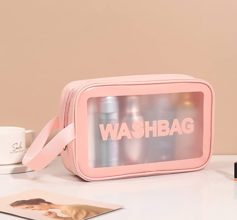 Waterproof Clear PVC Travel Toiletries Bag - Cosmetic Makeup Organizer Pouch for Women | Portable Wash Bag for Toiletries, Makeup & Skincare | Perfect for Travel, Gym & Daily Use (Pink)