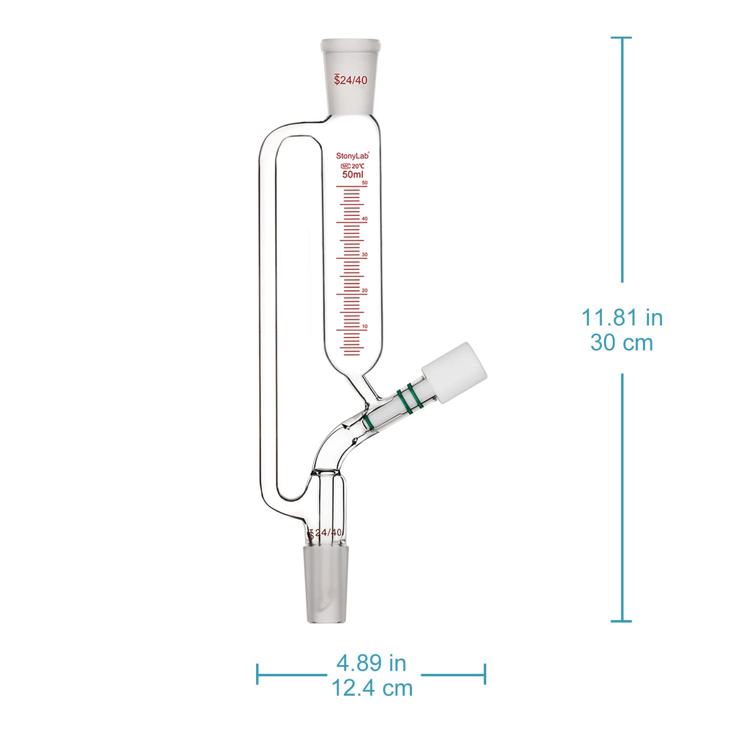 Stonylab 50ml Borosilicate Glass Graduated Pressure Equalizing Addition Funnel with 24/40 Joint & Vacuum Valve - Laboratory Dropping Funnel for Chemical Experiments, Distillation & Precise Liquid Transfer