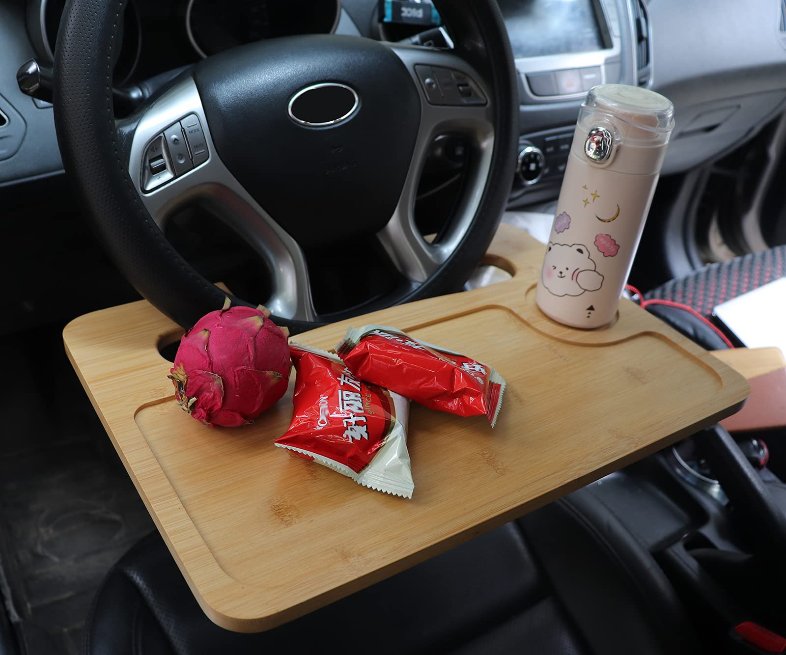 NEWZINIU Bamboo Double-Sided Steering Wheel Tray - Car Dining Table, Laptop Desk for iPad & Notebook | Portable Workstation for Commuting, Road Trips & Office Use