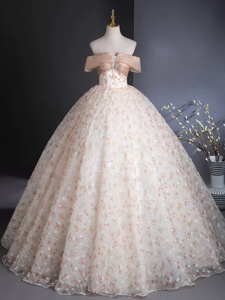 Elegant A-Line Off-Shoulder Tulle Lace Champagne Long Prom Dress for Formal Dances & Special Occasions