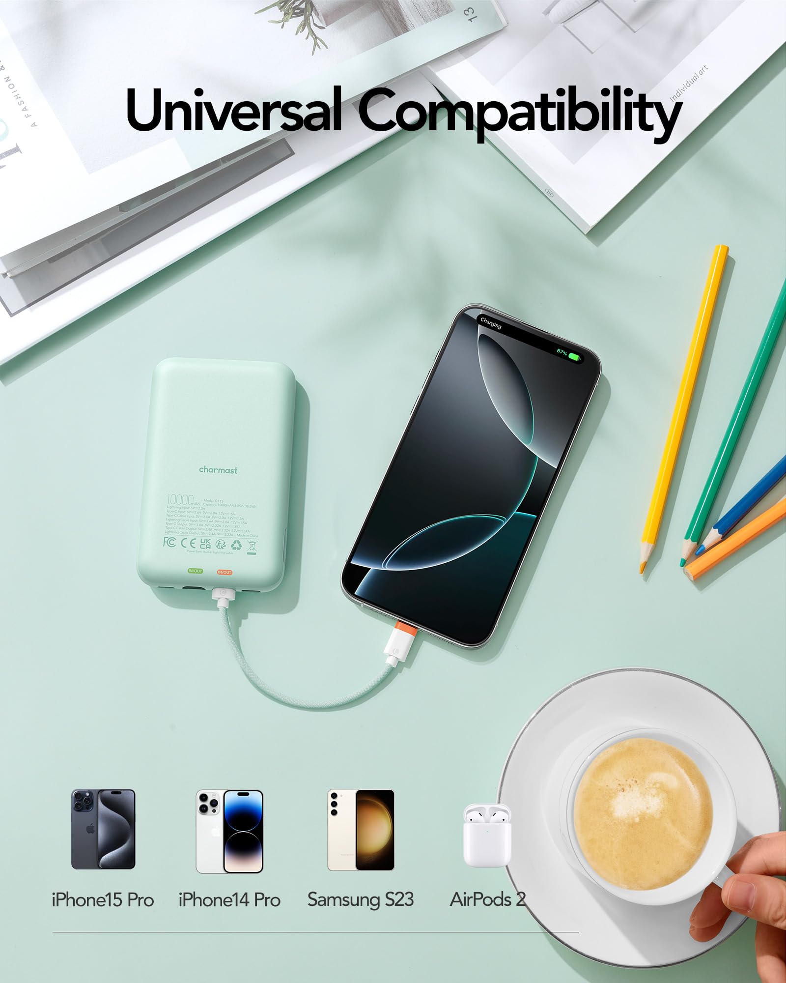 Charmast 10000mAh Portable Charger with Digital Display - 20W Fast Charging Power Bank with Removable Cable for iPhone 15/14/13, Samsung Galaxy, Android Phones - Perfect for Travel, Commuting & Outdoor Activities
