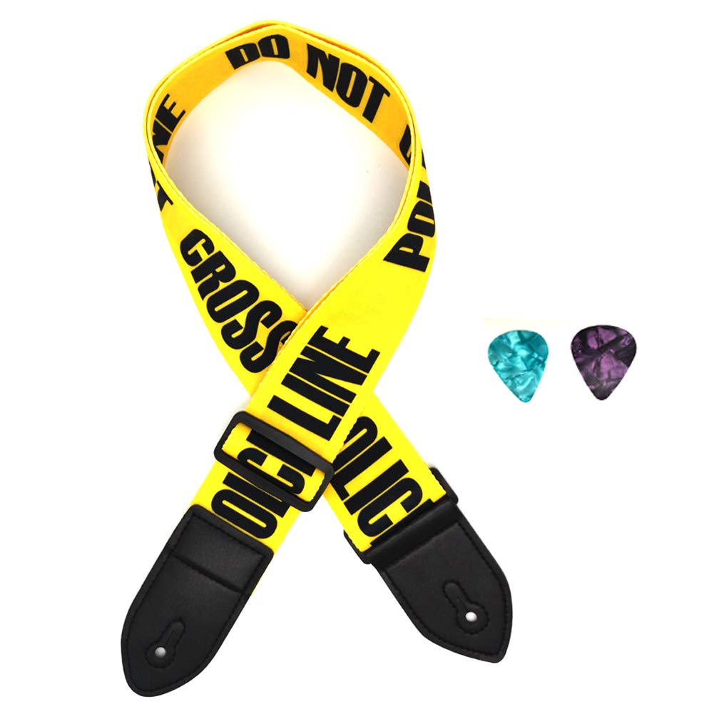 Premium Adjustable Guitar Strap with Leather Ends - Universal Fit for Bass, Electric & Acoustic Guitars - Comfortable & Durable (Yellow Police Line Design) - Perfect for Live Performances, Studio Sessions & Practice