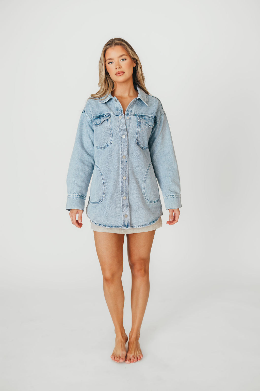 Meritt Longline Denim Jacket for Women - Light Wash Distressed Denim Coat | Casual Streetwear, Spring & Fall Layering Essential