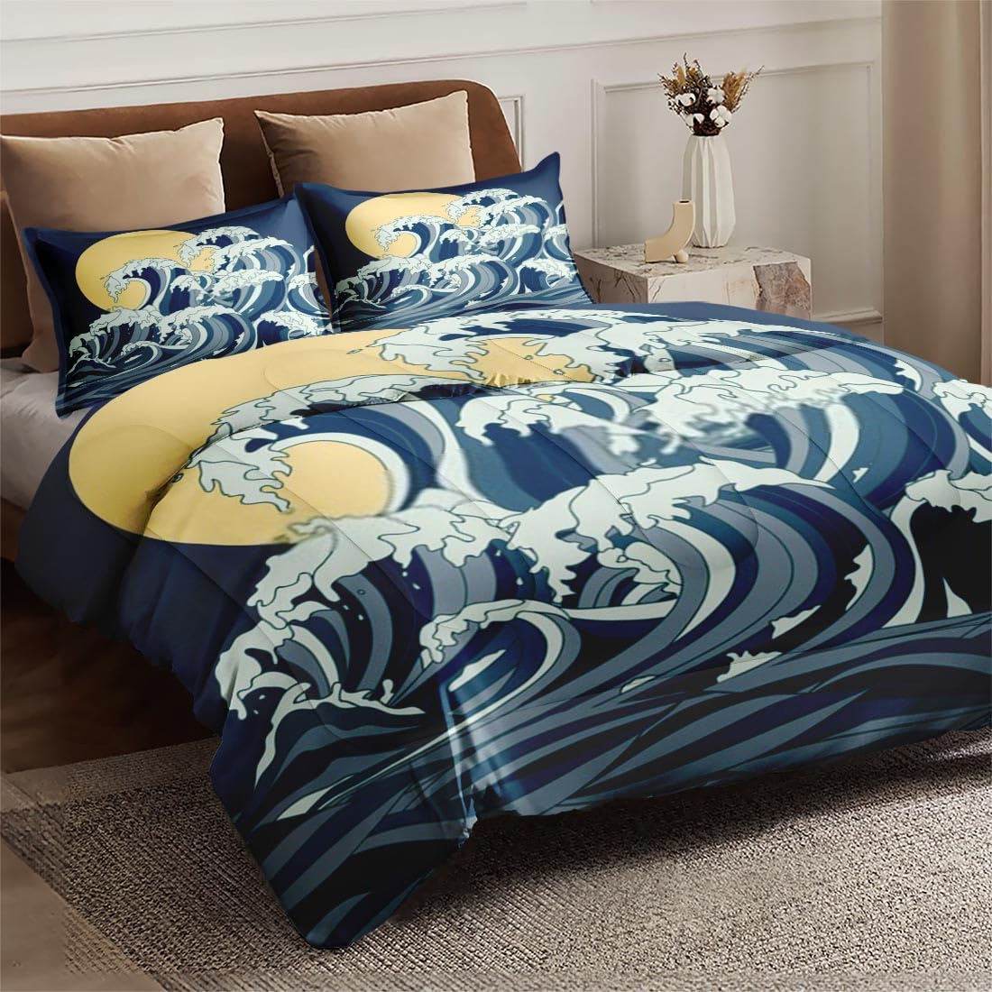 Japanese Ocean Themed King Size Comforter Set - Soft Asian Bedding for Kids & Adults with 2 Pillowcases | Moon & Sun Blue Bedroom Decor for Cozy Sleep & Stylish Home