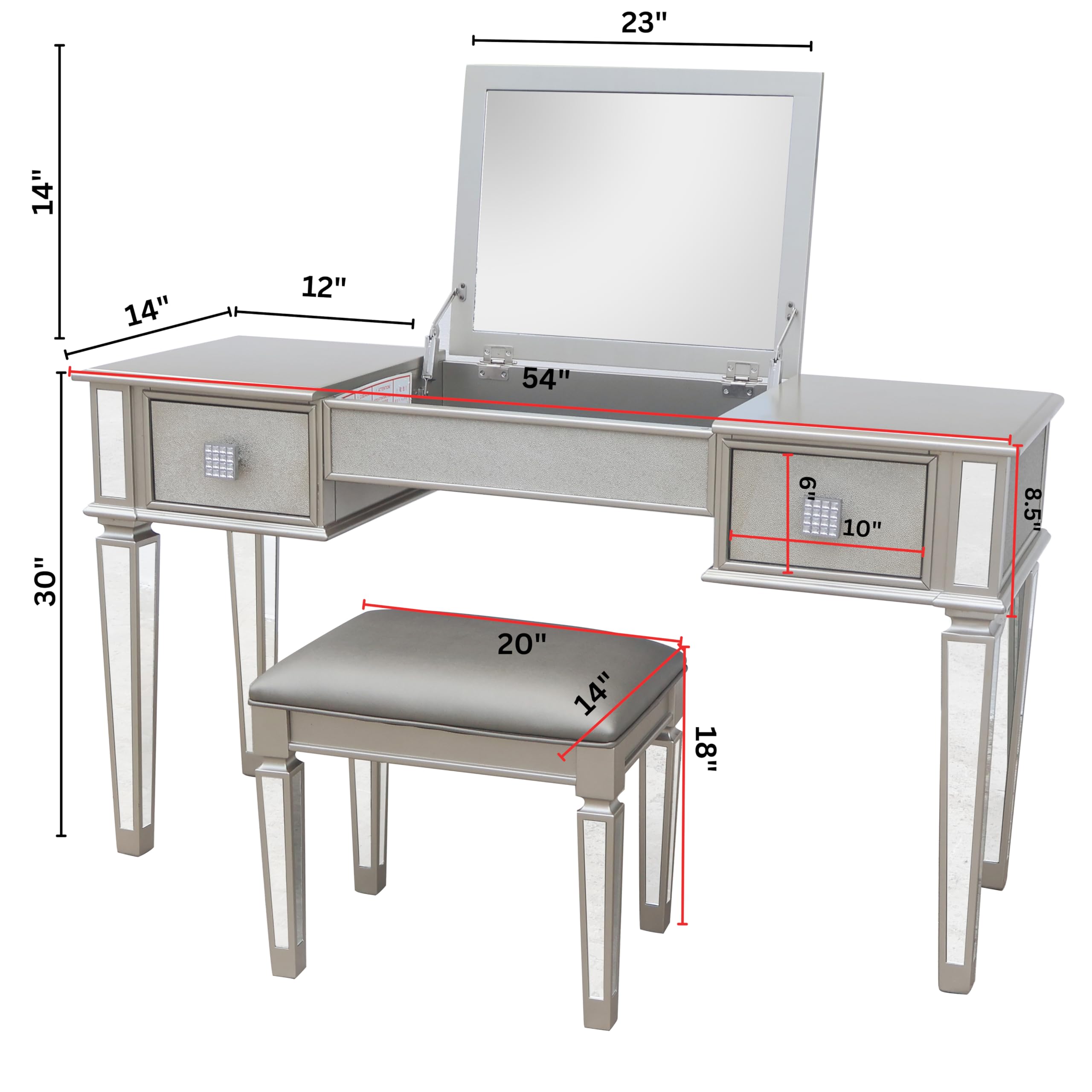 Classic Silver Makeup Vanity Desk with Mirror, Drawers & Stool - Flip-Up Dressing Table for Bedroom, Studio & Home Beauty Space - Perfect for Makeup Application, Hair Styling & Vanity Organization