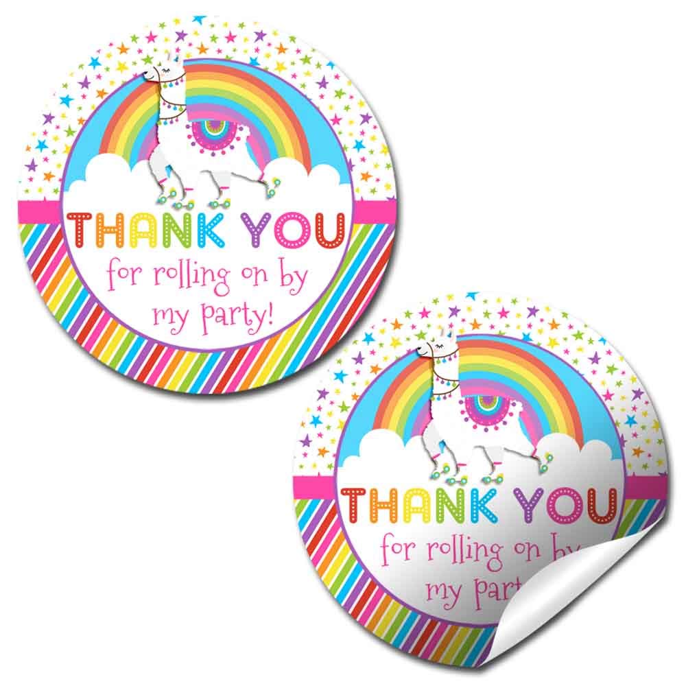 Colorful Rainbow Llama Roller Skating Thank You Stickers for Kids - 40 Pack 2 Inch Round Party Labels by AmandaCreation - Perfect for Birthday Favors, Envelope Seals, Goodie Bags & Scrapbooking