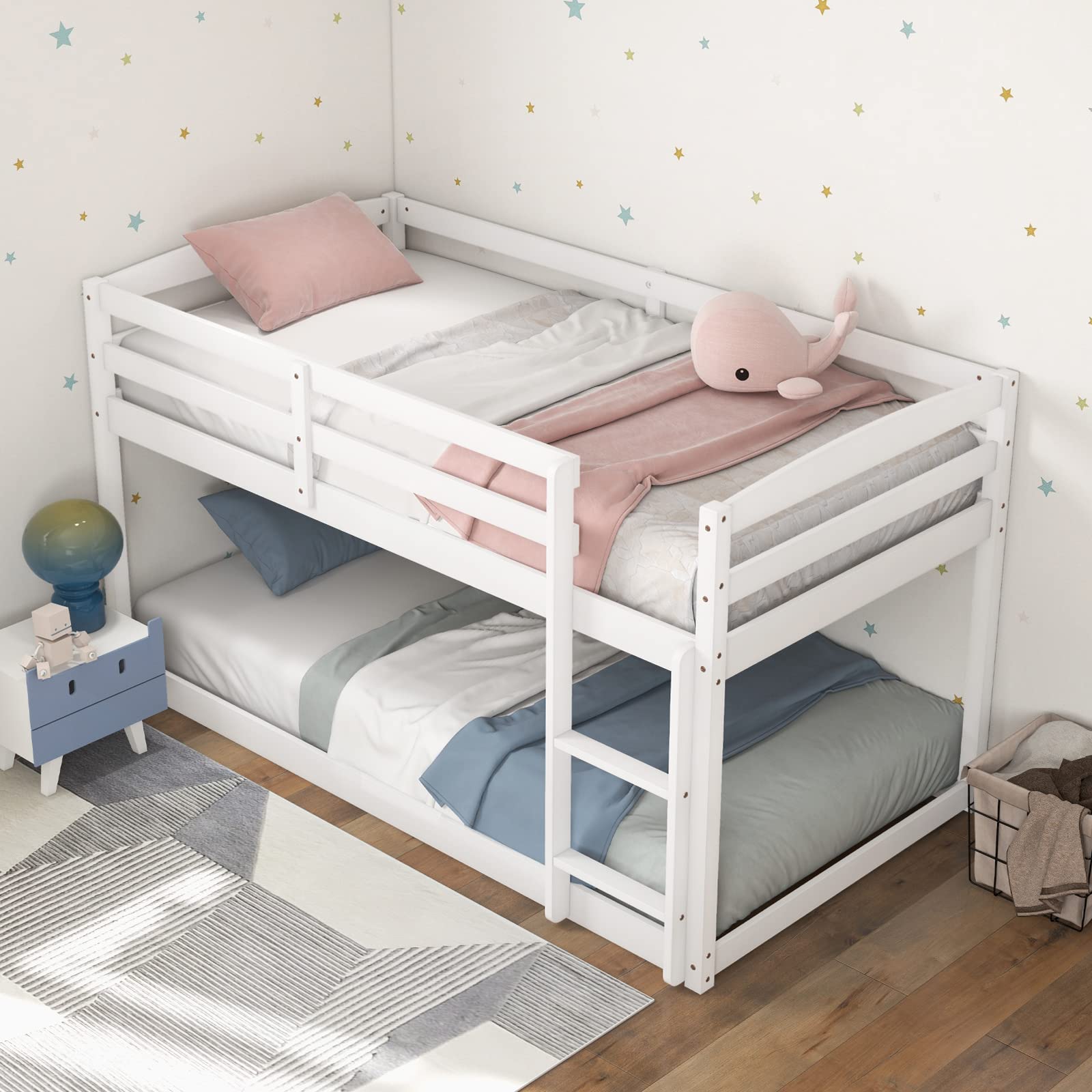 Giantex Twin Low Bunk Bed Frame - Solid Wood Twin Over Twin Bunk Bed with Full Guardrails & Built-in Ladder - Sturdy Kids Bunk Beds for Boys and Girls - No Box Spring Required - White - Perfect for Small Bedrooms, Kids' Rooms, Sleepovers & Space-Saving Solutions