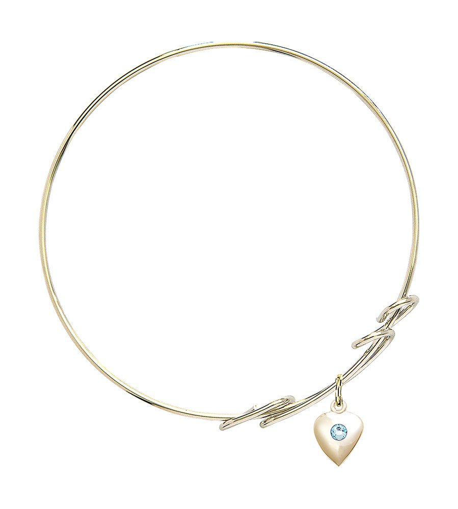 8 Inch Round Double Loop Bangle Bracelet with Heart Medal Charm & March Birthstone Blue Crystal - Perfect for Birthdays, Anniversaries, and Everyday Elegance
