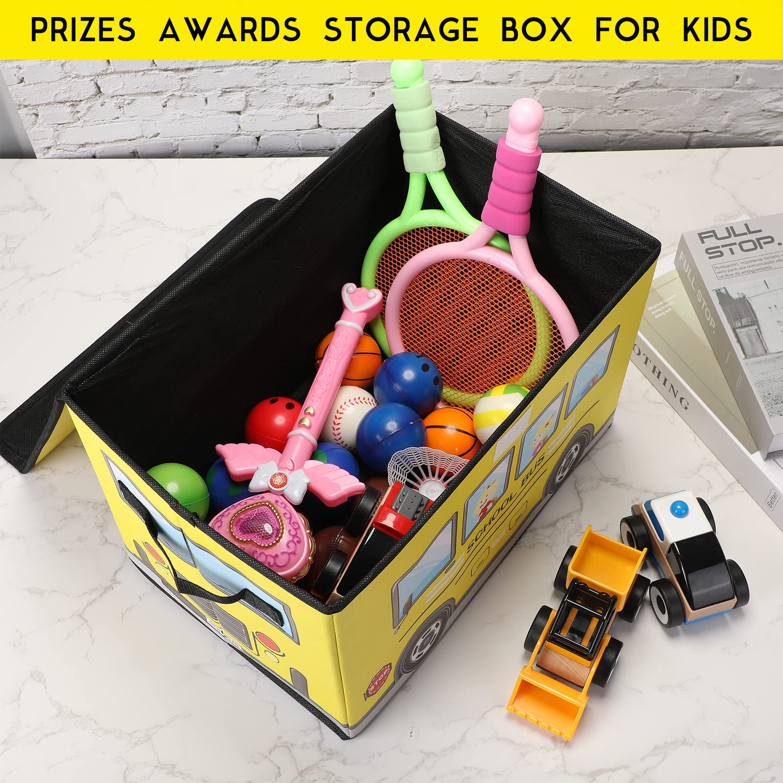 Sweetude 2-Pack Foldable School Bus Treasure Box with Lid - Classroom Storage Organizer for Kids, Teachers & Students - Perfect for Toy Prizes, Awards & Classroom Organization (Yellow)