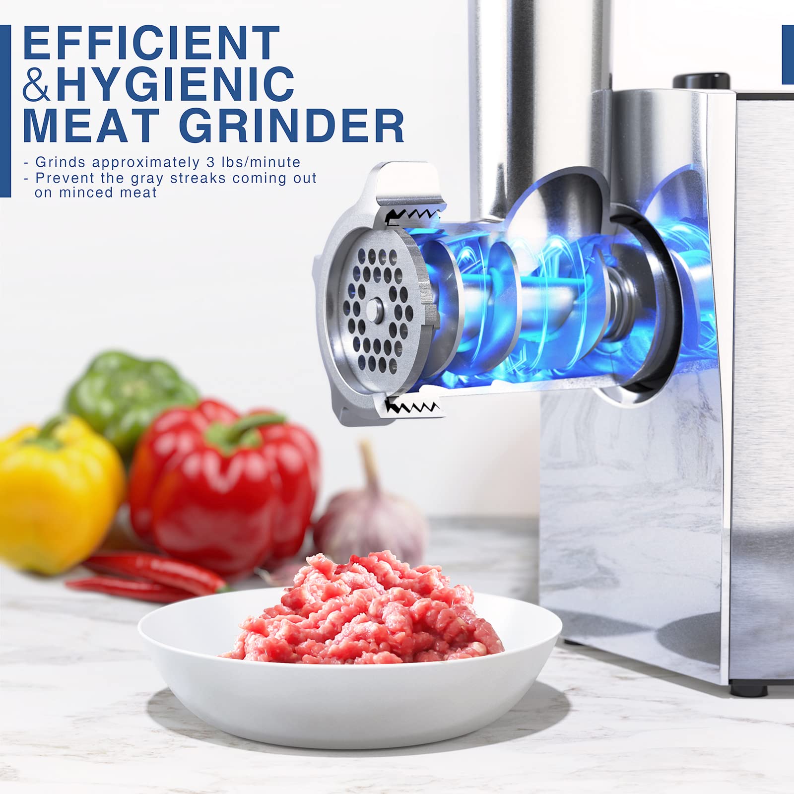 CHEFFANO 2600W Electric Meat Grinder - Heavy Duty Stainless Steel Mincer Machine with 2 Blades, 3 Grinding Plates, Sausage Stuffer & Kubbe Kit - ETL Certified for Home Kitchen, Restaurant & Commercial Use - Perfect for Ground Beef, Sausages & Homemade Pet Food