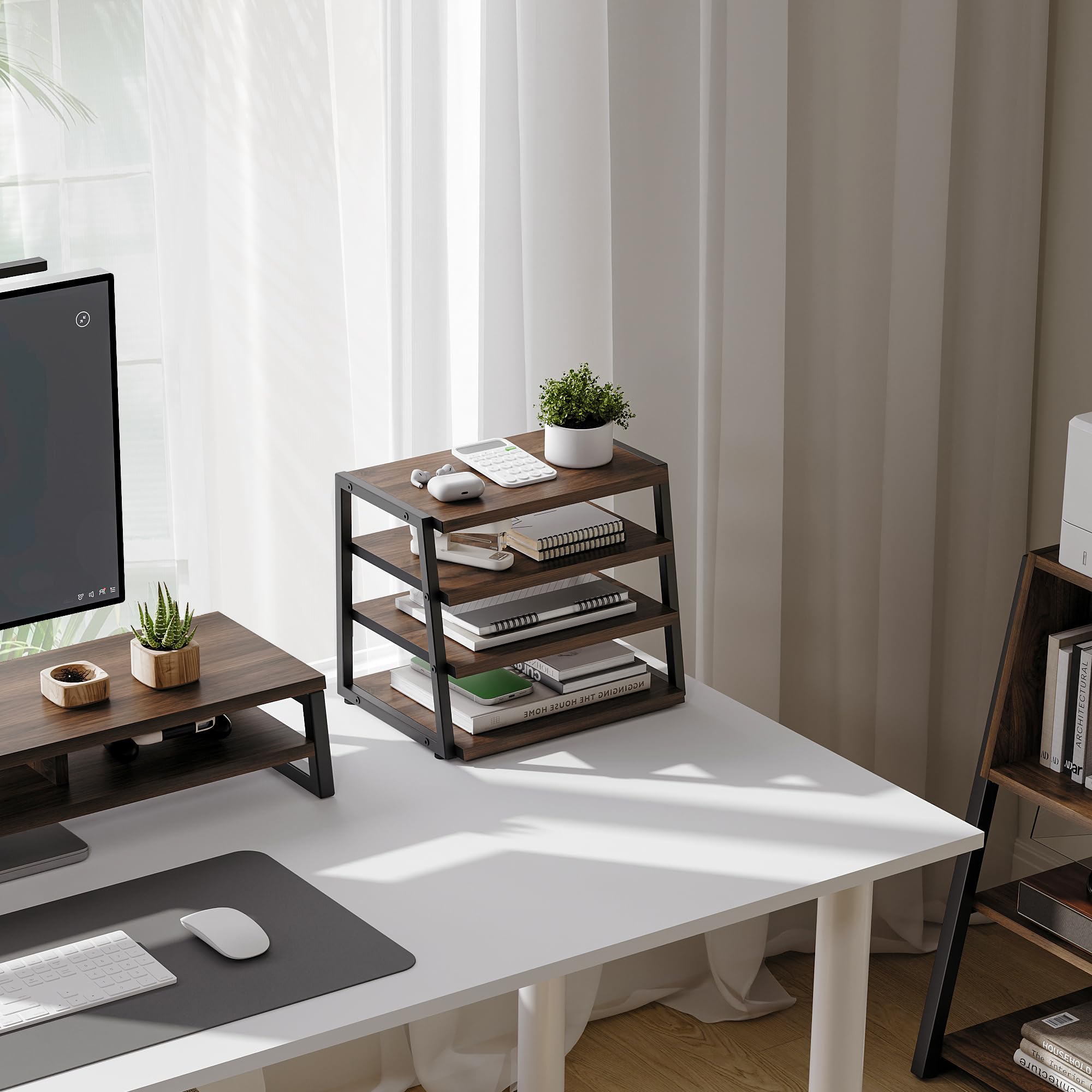 4-Tier Wood & Metal Desk Shelf Organizer - Office Supplies Storage, File Holder for Home & Office Workspace - Perfect for Organizing Books, Files, Stationery on Desks & Corners