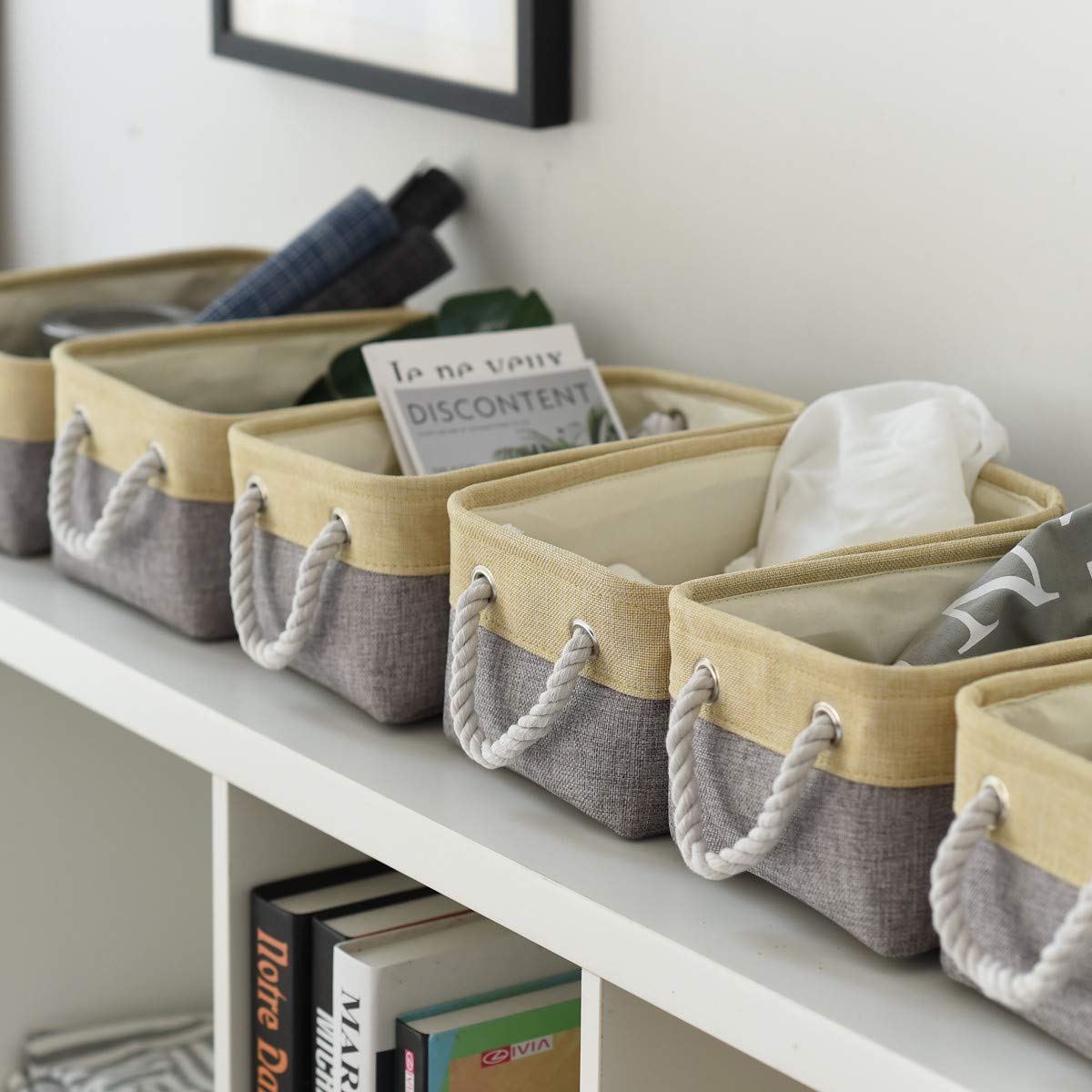 TheWarmHome 6-Pack Small Storage Baskets - 11.8x7.8x5.2 Inch Fabric Storage Bins & Organizer Cubes for Shelves, Baby Toys, Nursery (Gold & Grey) | Perfect for Home Organization, Closet, Kids Room & Playroom Storage