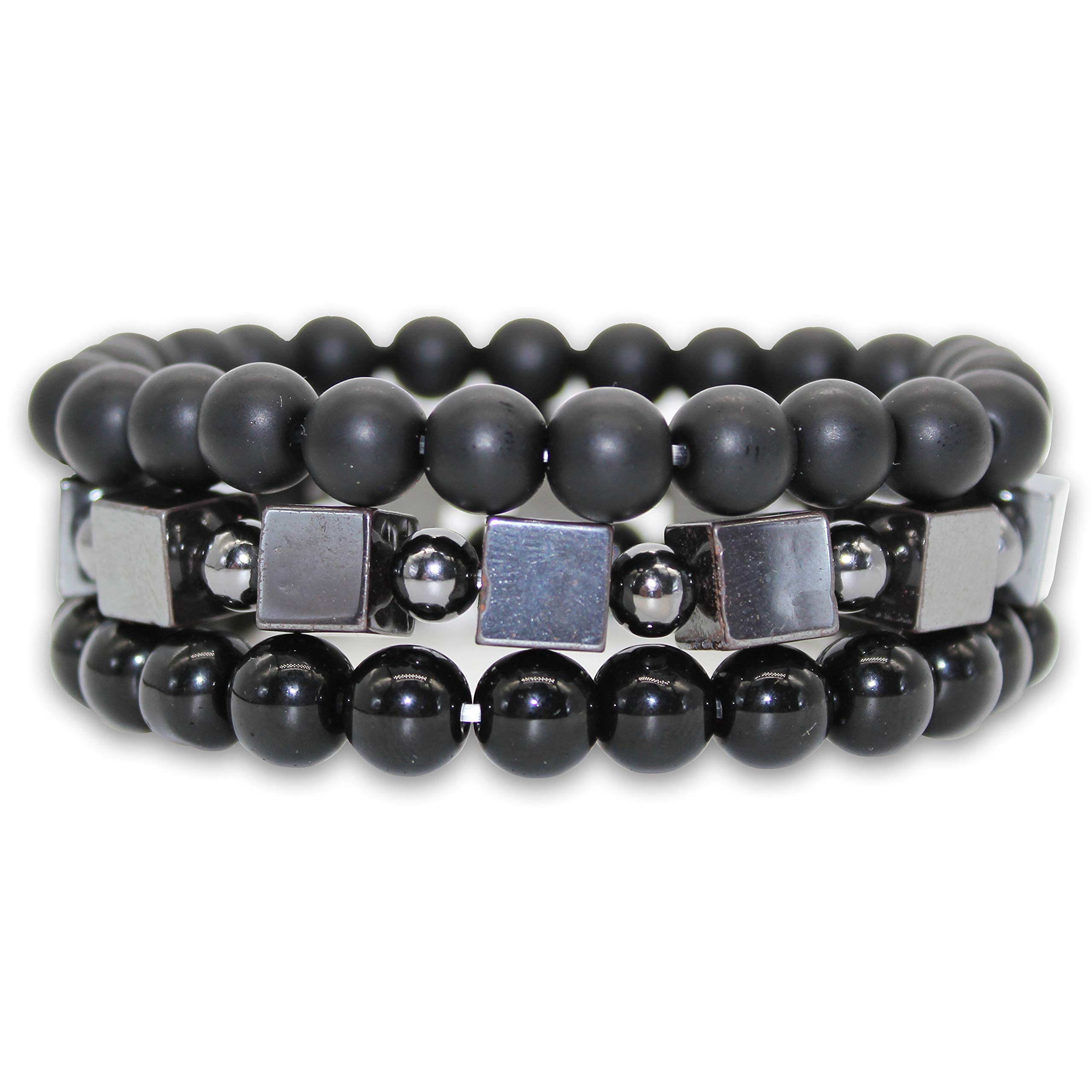 3 PCS Natural Black Agate Beaded Stretch Bracelet with Hematite Magnetic Therapy - Healing Energy Jewelry for Men & Women - Perfect for Meditation, Yoga, and Stress Relief