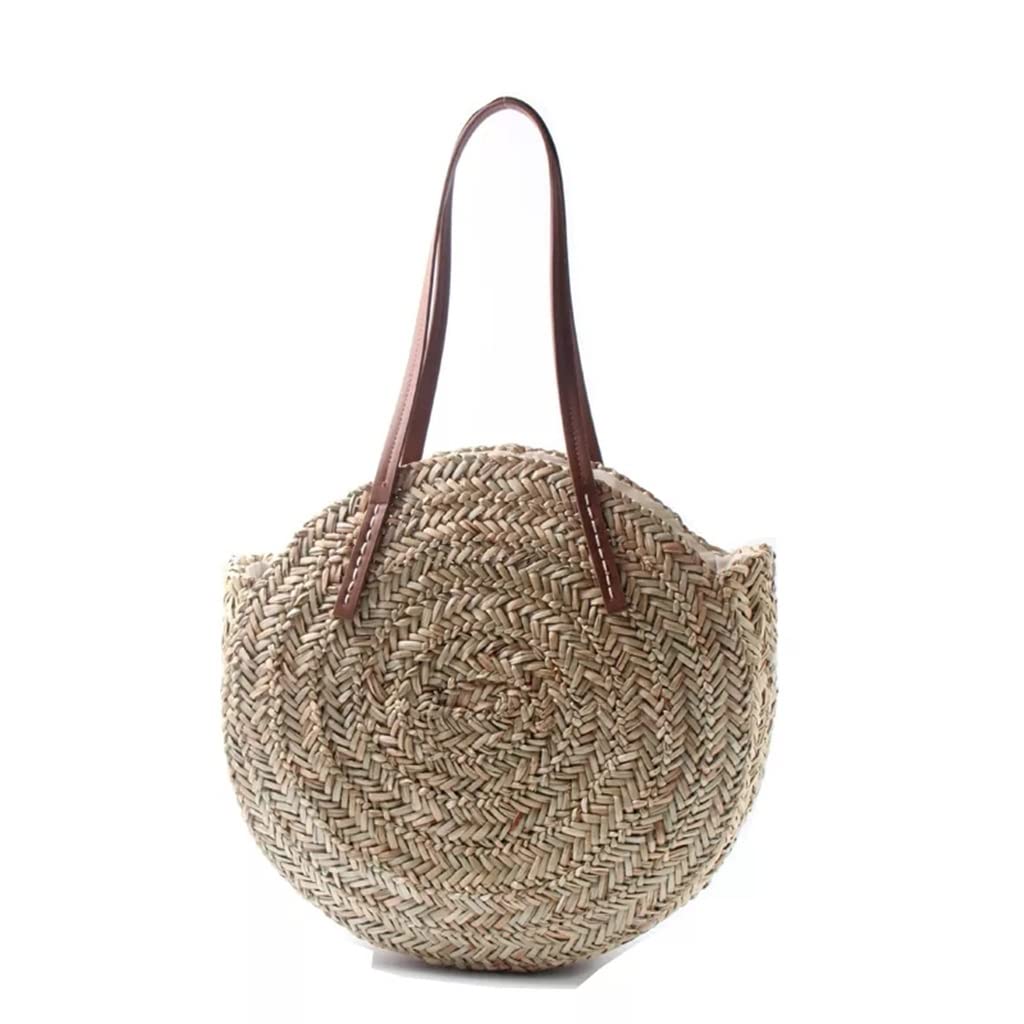 Round Straw Bags for Women - Rattan Shoulder Bag Casual Woven Wicker Handbag - Large Beach Tote Basket Purse for Summer - Perfect for Beach Vacations, Picnics & Boho Fashion (Color: A)