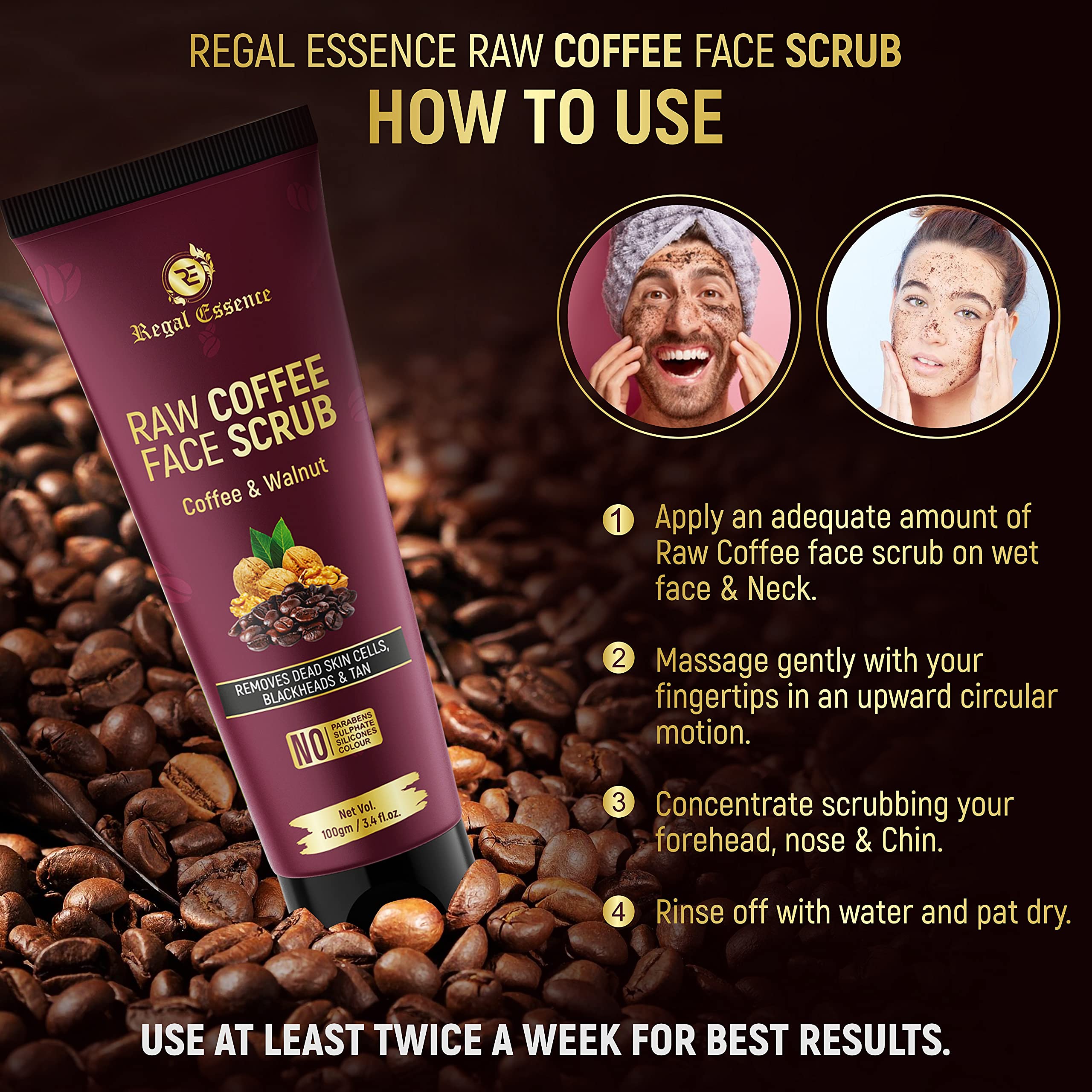 Regal Essence Exfoliating Coffee Face & Body Scrub for Women & Men - Natural Walnut & Vitamin E Polish for Dead Skin, Blackheads & Whiteheads Removal - Detan & Brighten for Glowing Skin - 100g (Pack of 1) | Perfect for Daily Skincare Routine & Spa Treatment at Home