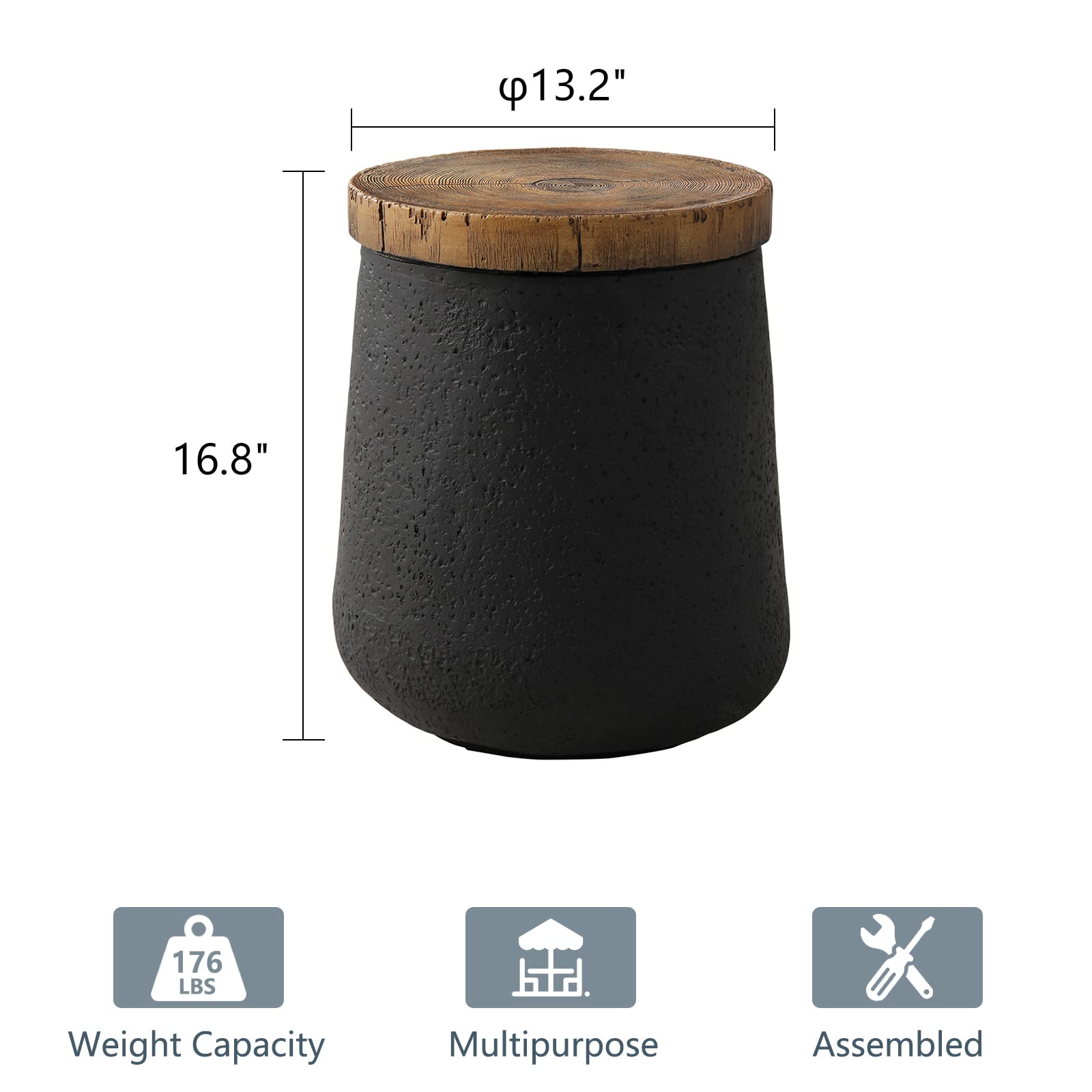 Stylish 2-Piece Outdoor Side Table Set - Black Drum End Tables with Faux-Wood Top & Hand-Painted Tree Trunk Design - Perfect for Patio, Garden, or Poolside Decor