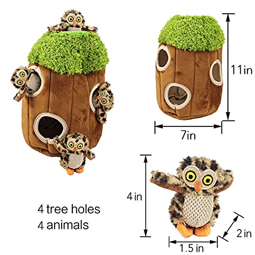 Interactive Plush Owl Hide and Seek Dog Toy with Squeaker - Fun Burrow Game for Small & Medium Dogs - Perfect for Indoor Play & Mental Stimulation (Tree with Owls, Medium Size)