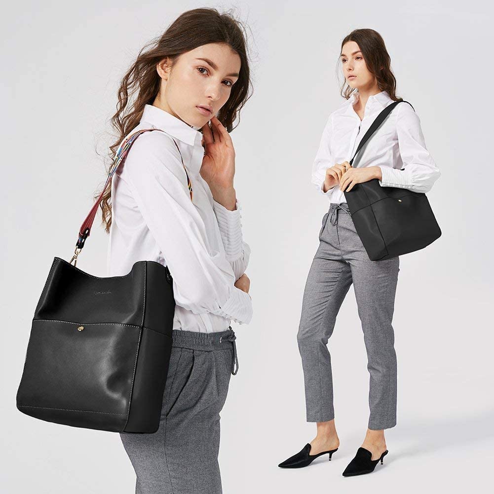 BOSTANTEN Women's Leather Designer Handbag - Stylish Tote Shoulder Bucket Bag with RFID Blocking Wallet Set (Black Bag & Grey Bifold Wallet) - Perfect for Work, Travel and Everyday Use