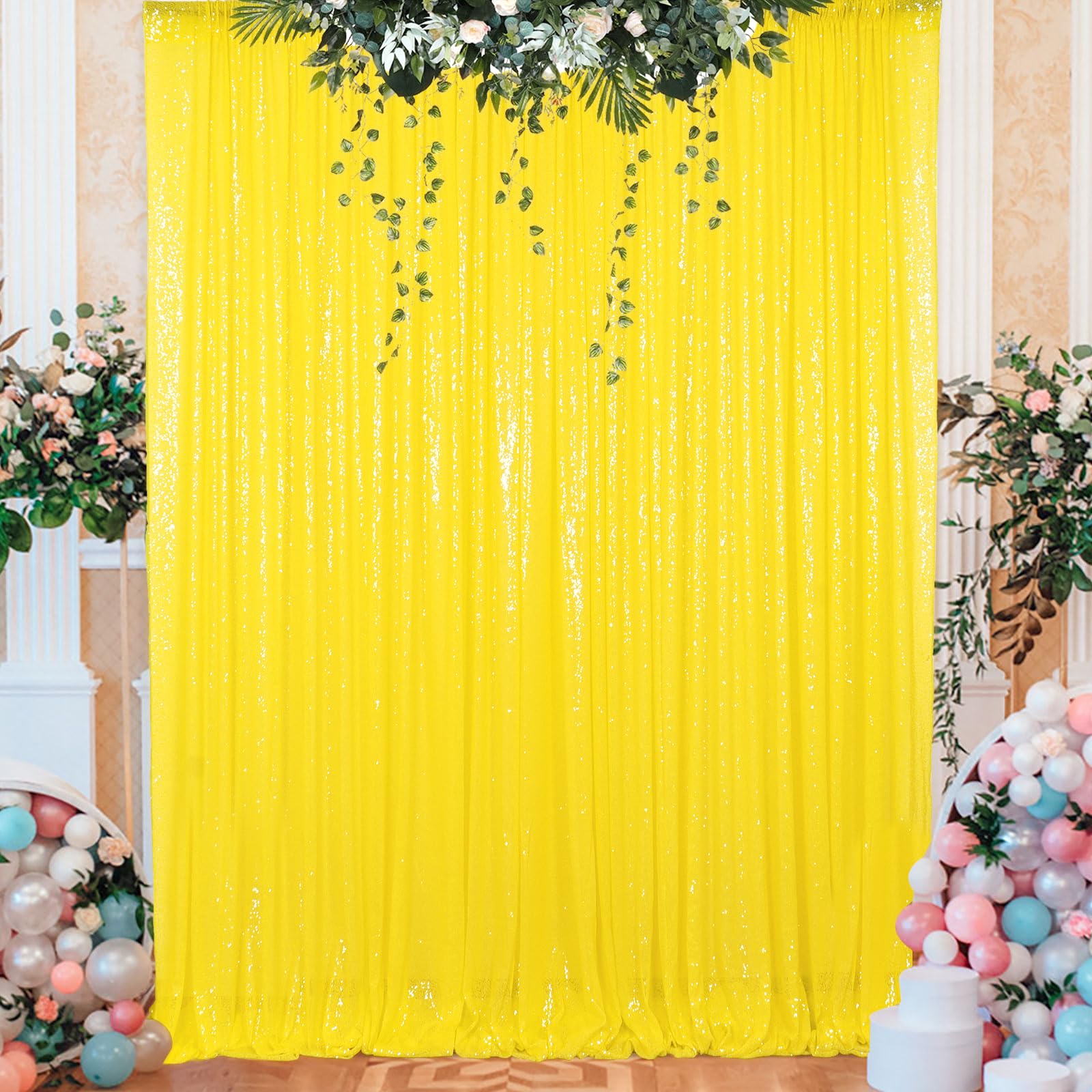 ShinyBeauty 10ft x 4ft Yellow Sequin Backdrop Curtain - Glitter Photo Booth Background for Weddings, Birthdays, Christmas & Party Decor | Perfect for Events, Stage Shows & Home Celebrations