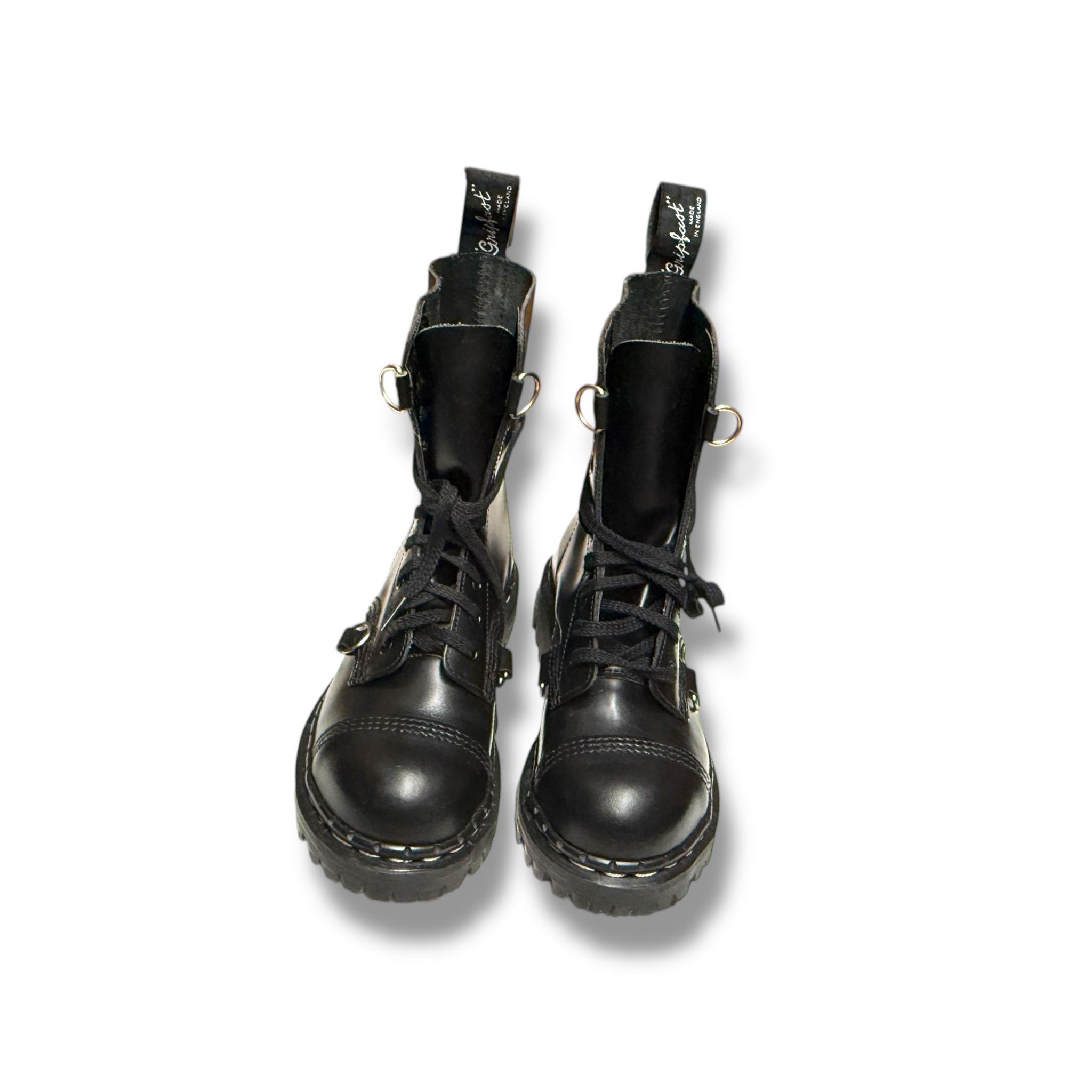 Gripfast Black Leather 10 Eye Steel Toe Work Boots - Heavy Duty Safety Shoes for Construction, Industrial & Motorcycle Riding