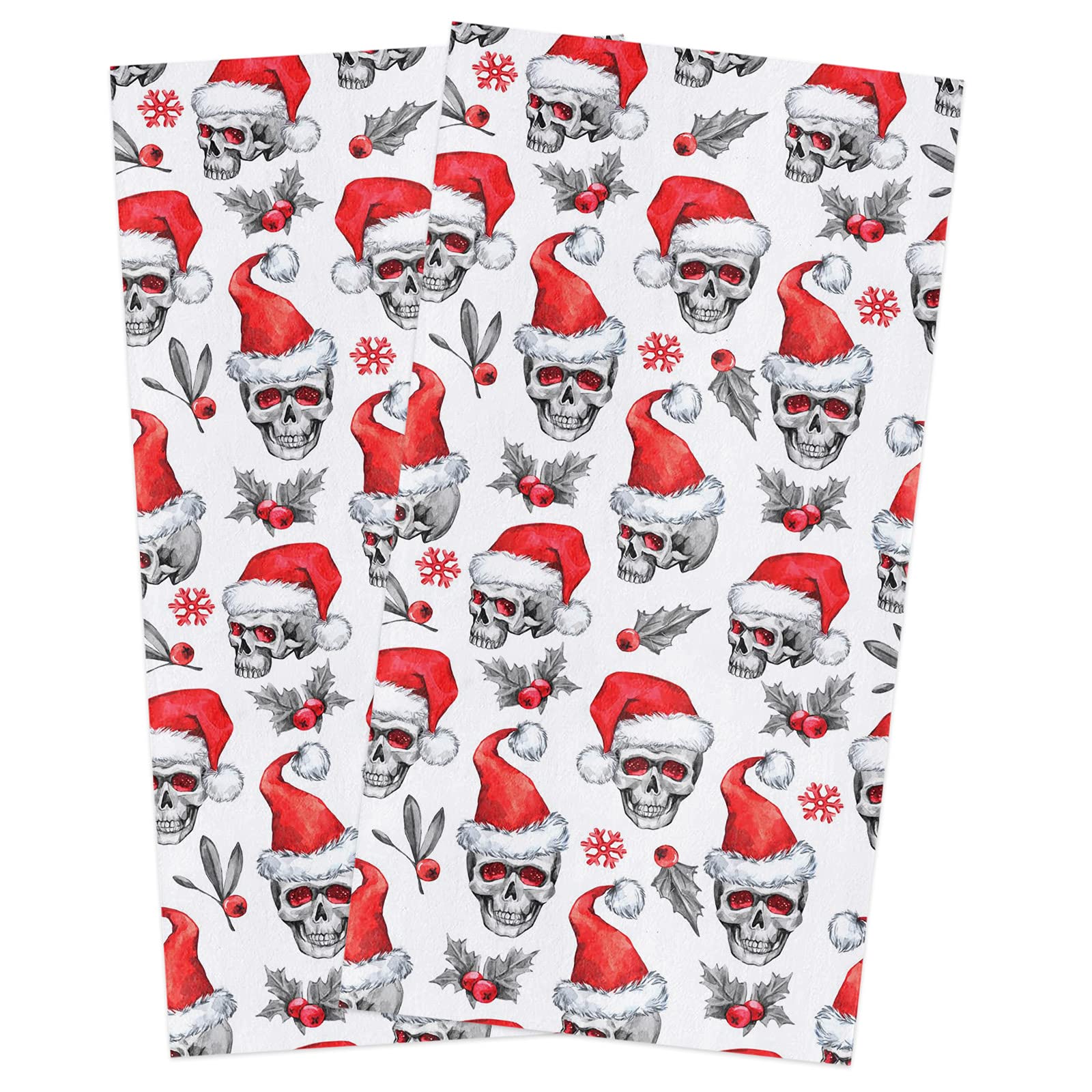 Premium Halloween & Christmas Skull Print Kitchen Towels - 16x28 Inches Soft Cotton Dish Cloths, Tea Towels & Hand Towels (2 Pack) - Perfect for Holiday Decor, Dish Drying & Bar Use