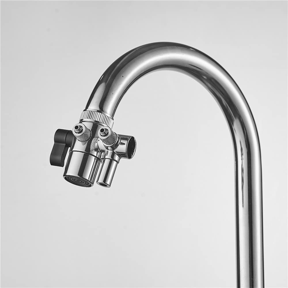 **2-Way Chrome Faucet Splitter with Diverter Valve - 1/4 inch Push-On Tubing Adapter for Sink Water Filter | Above Counter Kitchen Faucet Replacement Part | Perfect for Clean Drinking Water & Multi-Tasking**
