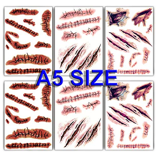 Large Halloween Temporary Tattoos - Fake Wound, Bloody Stitch Scars & Scabs - Waterproof Body Art Stickers for Adults & Kids - Perfect for Costume Parties, Cosplay & Halloween Makeup (6 Sheets)