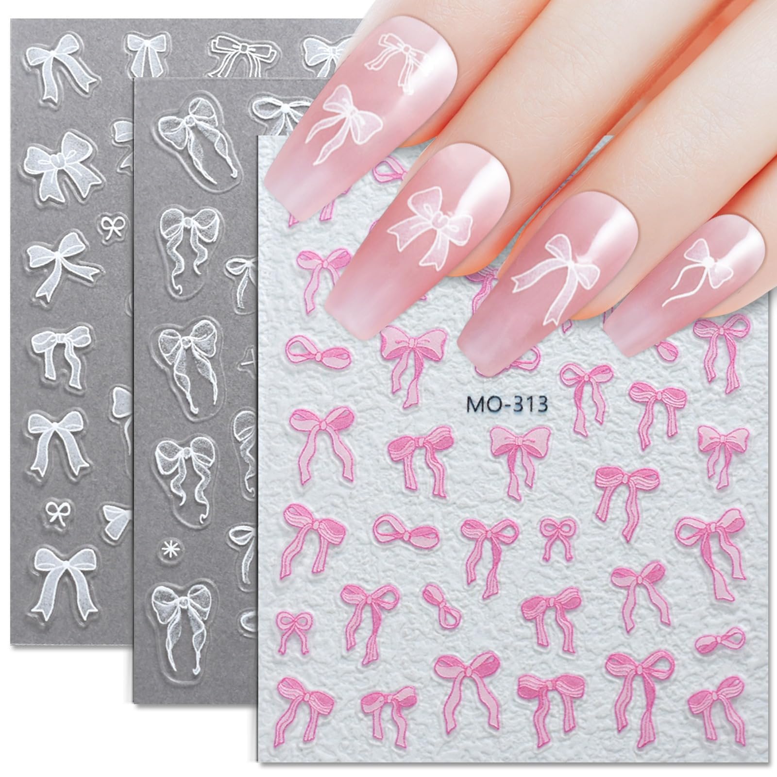 3D Bow Nail Stickers - 5D Embossed Self-Adhesive Nail Art Decals (3 Sheets) for Women & Girls - Perfect for Manicure, Parties, Weddings & Special Occasions
