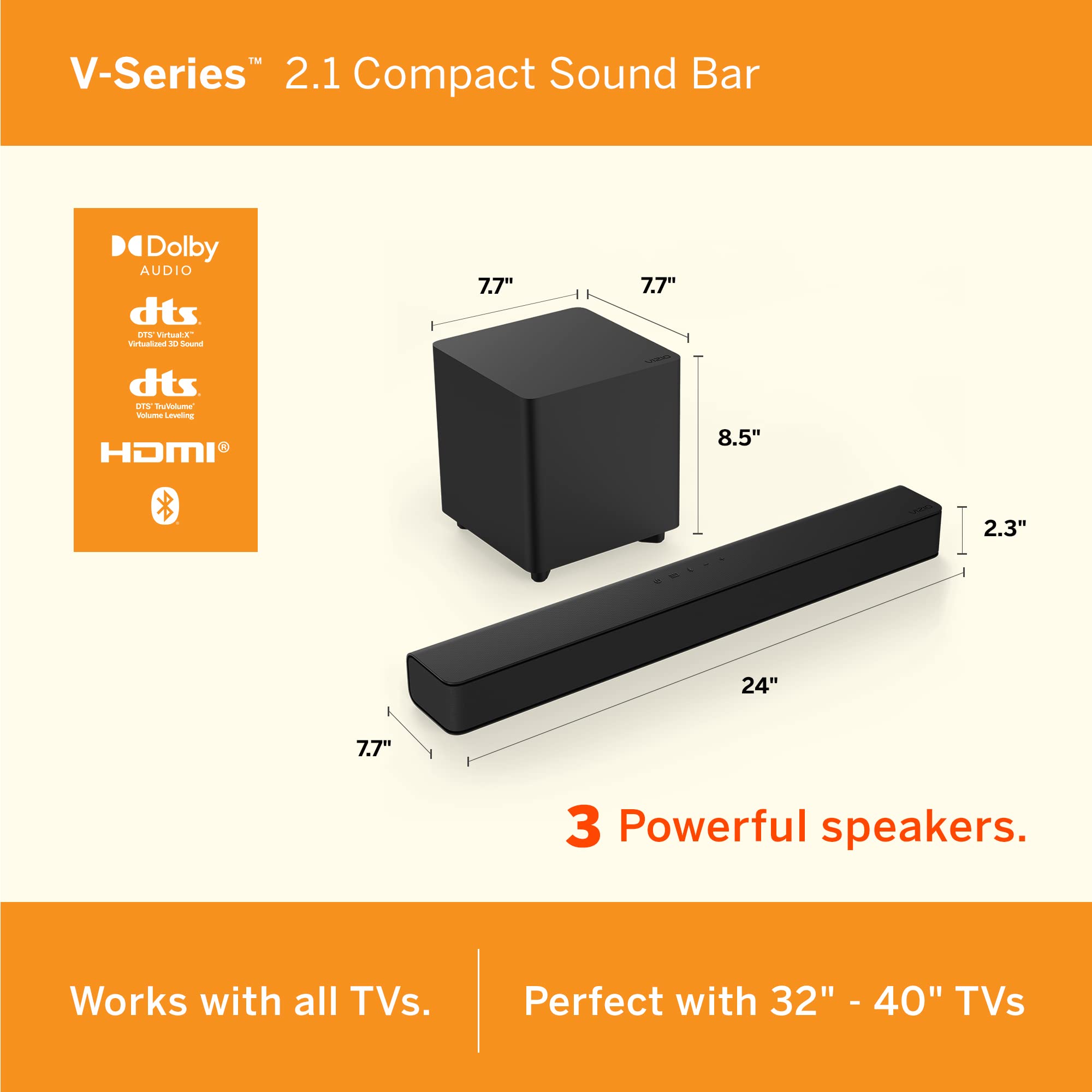VIZIO V-Series 2.1 Compact Home Theater Sound Bar with Wireless Subwoofer - Bluetooth, DTS Virtual:X, Voice Assistant Compatible, Remote Included - Perfect for Living Room, Bedroom & Home Theater Audio Enhancement