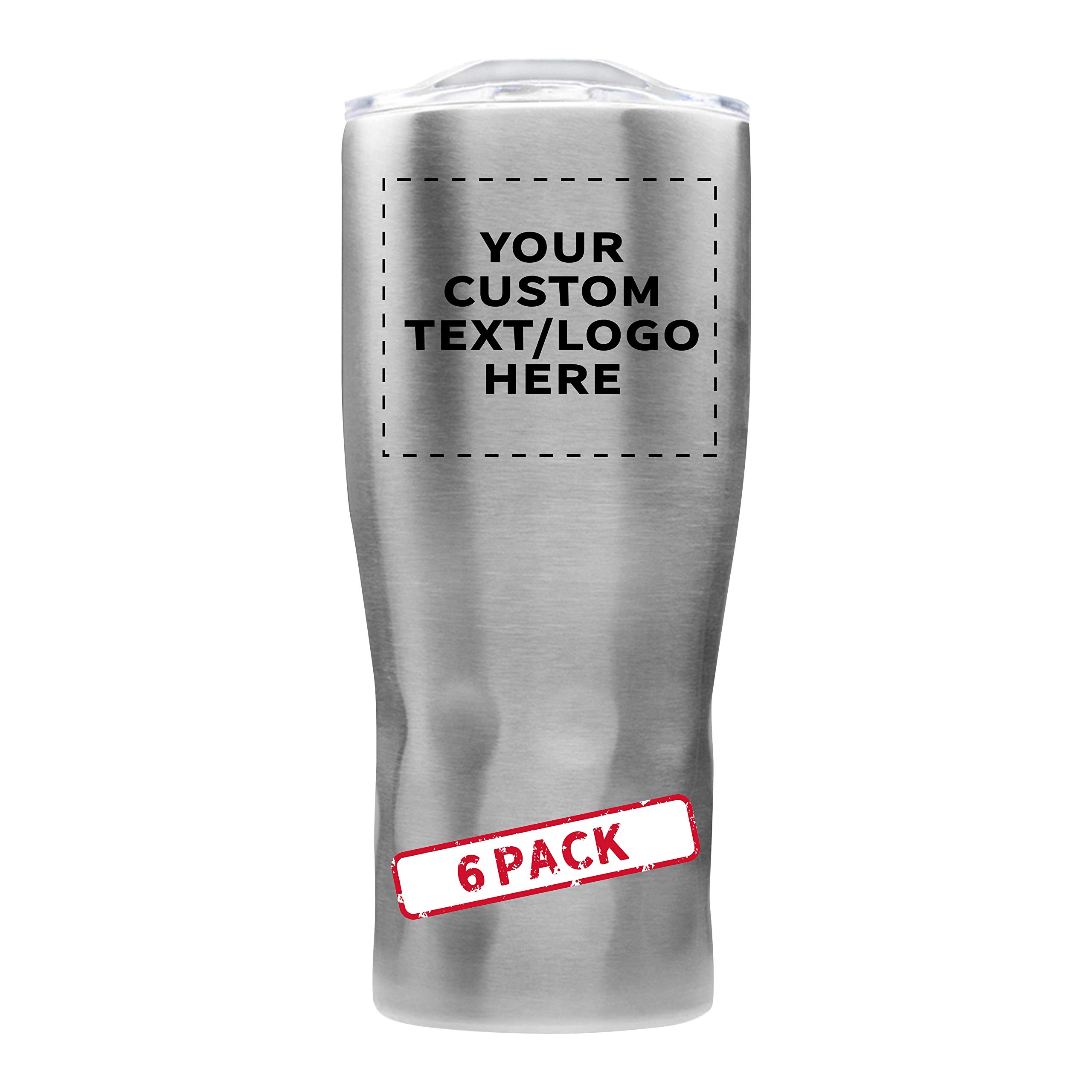 Personalized 25 oz Stainless Steel Tumbler with Huckleberry Grip - 6 Pack Custom Cups for Coffee, Tea & Cold Drinks - Engraved Text/Logo - Silver - Perfect for Office, Gym & Outdoor Activities