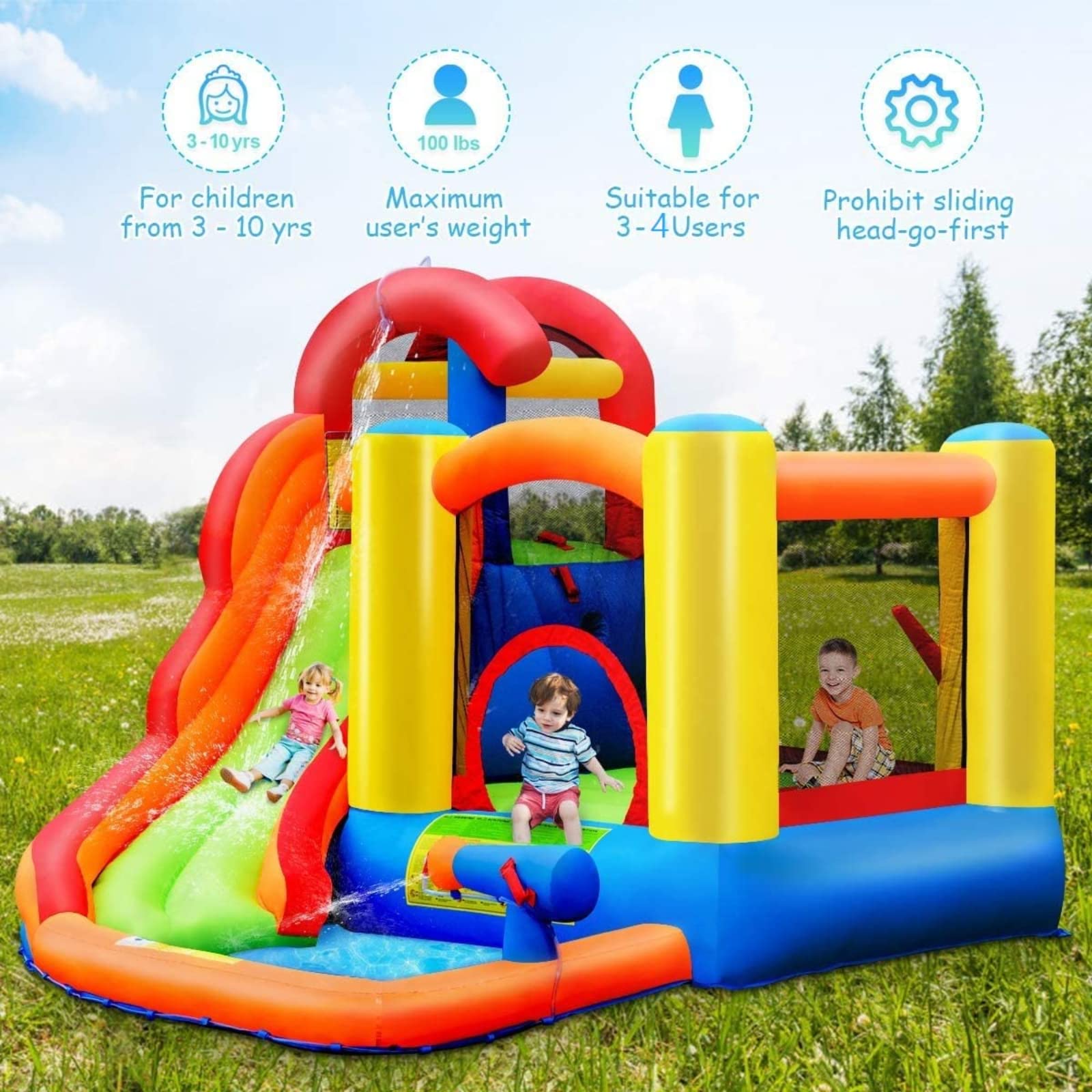 **BOUNTECH 6-in-1 Inflatable Water Slide & Bounce House for Kids - Outdoor Water Play with GFCI 750W Blower, Splash Pool, Water Cannon - Perfect for Toddlers, Boys & Girls Backyard Parties, Summer Fun, and Birthday Gifts**