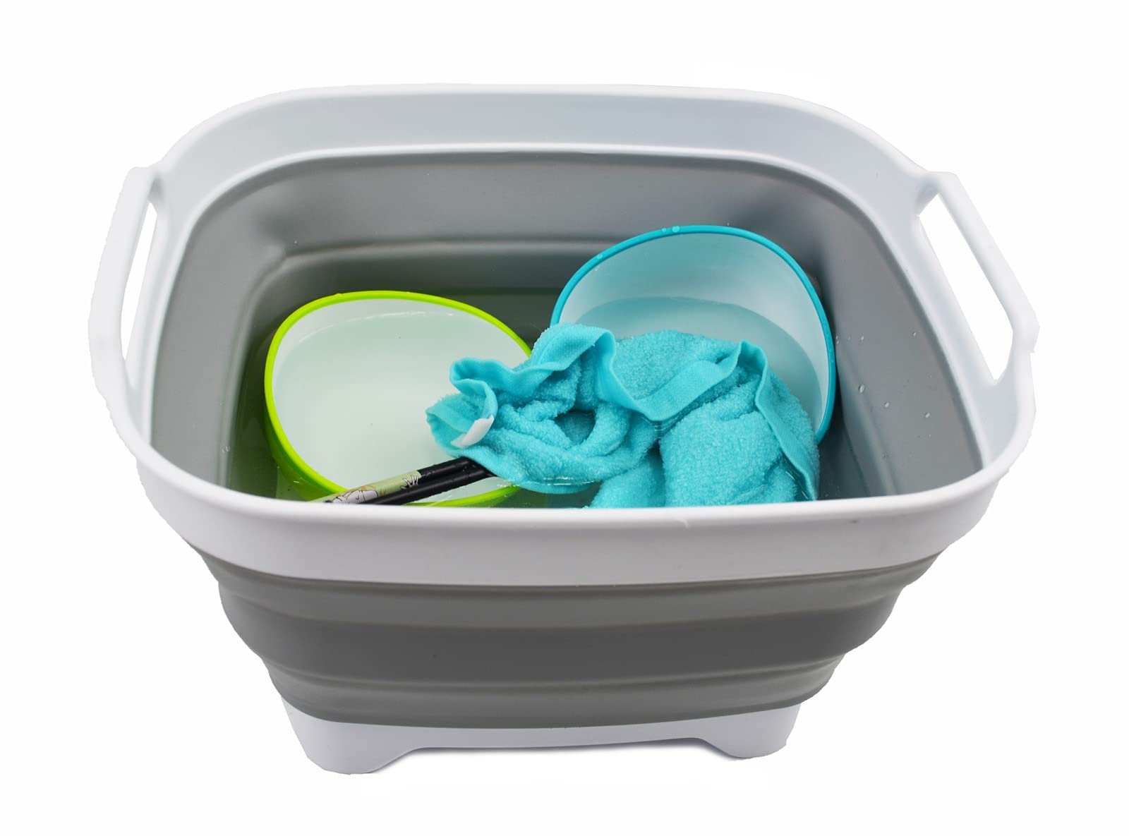 SAMMART 7.5L (2 Gallons) Collapsible Dishpan with Draining Plug - Foldable Washing Basin for Kitchen & Camping - Portable Dish Washing Tub - Space Saving Sink for Small Spaces (Grey + Cyanine, 2 Pack) - Perfect for RV, Dorm, and Outdoor Use