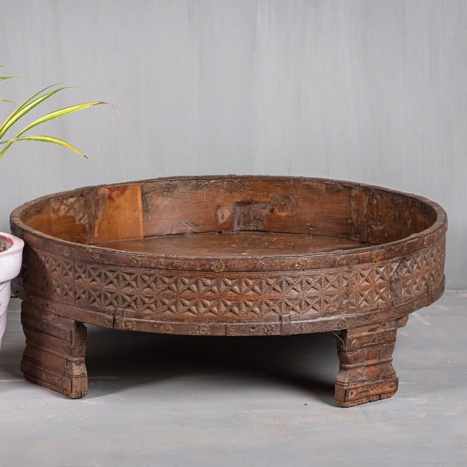 Handmade Dark Brown Wooden Coffee Table with Carved Round Grinder Design - Perfect for Living Room, Lounge & Coffee Shop Decor