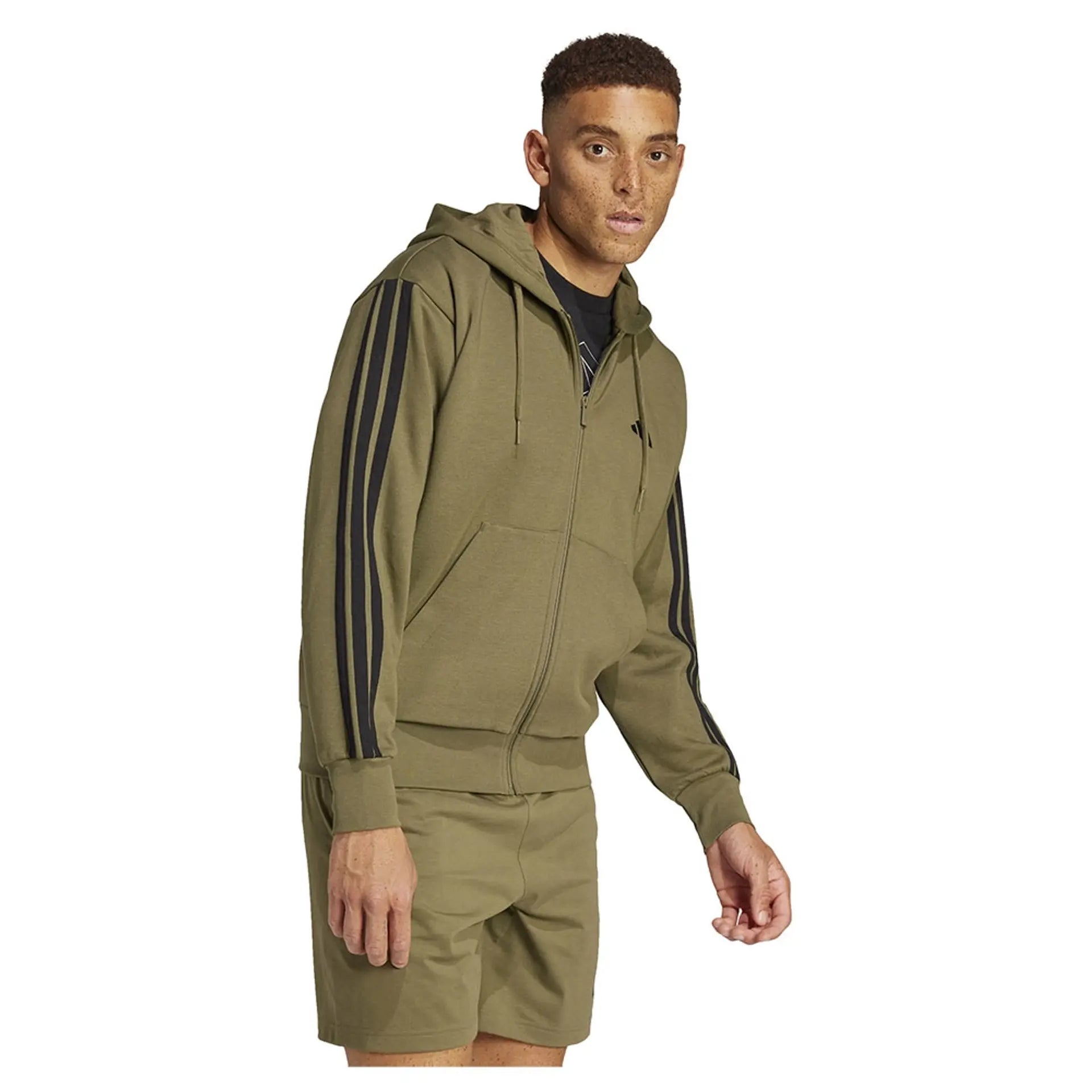 Adidas Men's 3 Stripe Olive Fleece Jacket - Lightweight Warm Zip-Up Hoodie for Running, Hiking & Casual Wear