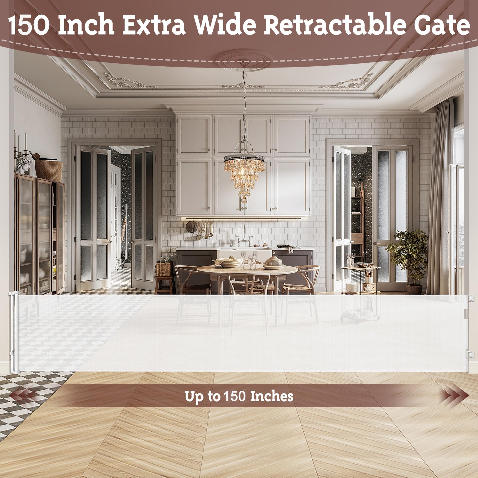 150 Inch Extra Wide Retractable Baby Gate & Pet Gate - Indoor/Outdoor Safety Barrier for Large Openings, Doorways, and Living Rooms - White Mesh Design for Dogs & Babies - Perfect for Stairs, Hallways, and Wide Spaces