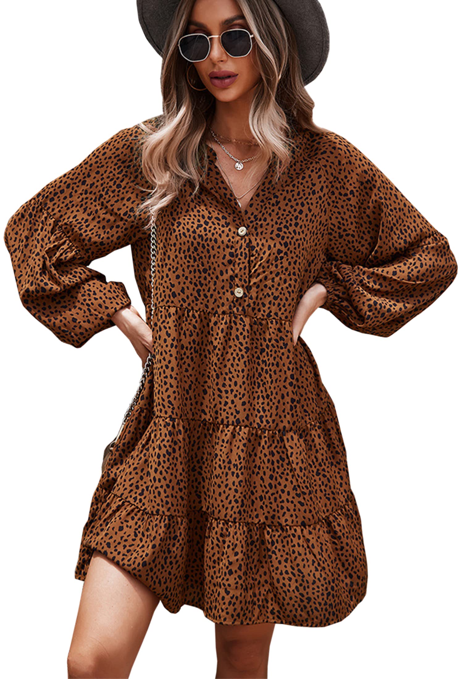 CCTOO Women's Floral Print V-Neck Button Down Shirt Dress - Casual 3/4 Sleeve Loose Flowy Summer Dress for Beach, Vacation & Everyday Wear