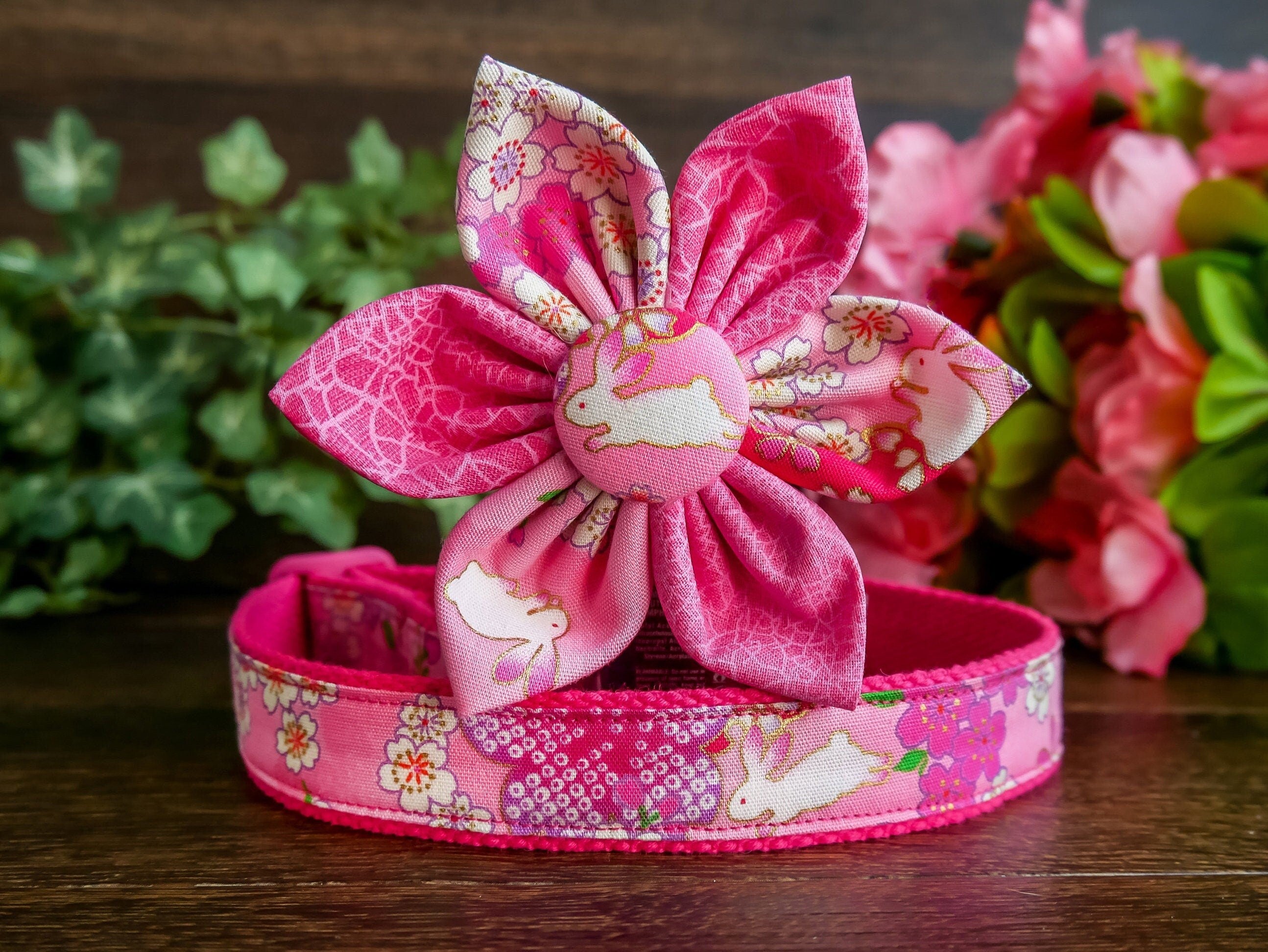 Japanese Kimono Style Bunny Dog Collar with Floral Design - Pink | Cute Pet Accessory for Small Dogs, Costume Parties & Photo Shoots