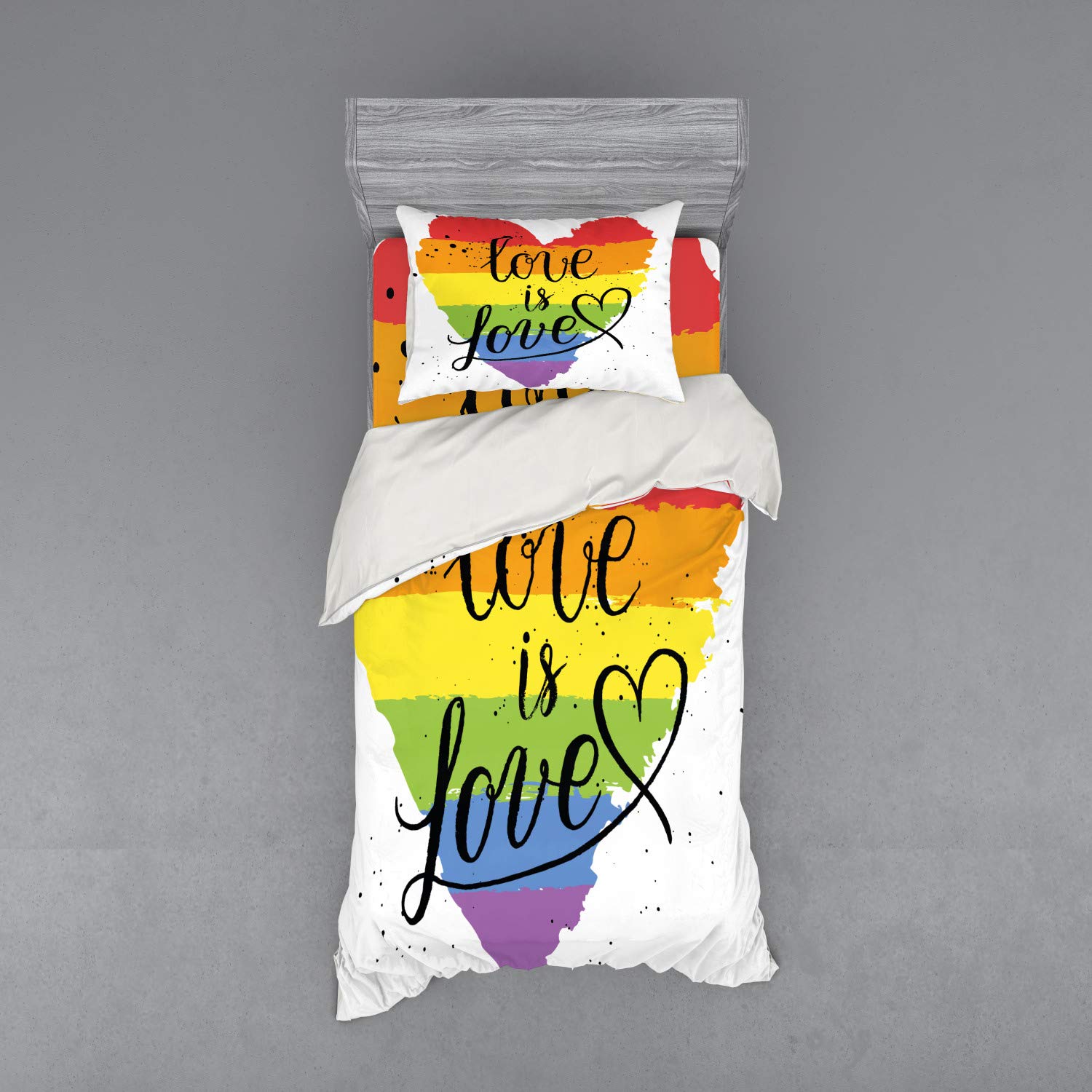 Ambesonne Pride Bedding Set - LGBT Gay Lesbian Rainbow Love is Love Handwriting Design 3-Piece Duvet Cover Set with Pillow Sham & Fitted Sheet, Twin Size Multicolor - Perfect for Pride Month, LGBTQ+ Celebrations & Colorful Bedroom Decor