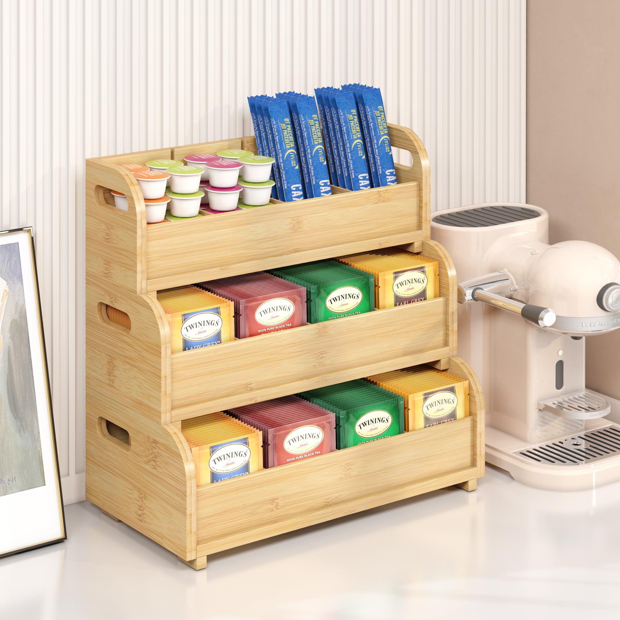 3-Tier Stackable Bamboo Tea Bag Organizer - Large Capacity Wall Mount Tea Storage Box for Tea Bags | Perfect for Kitchen, Office & Tea Lover's Home Decor (Natural Finish)