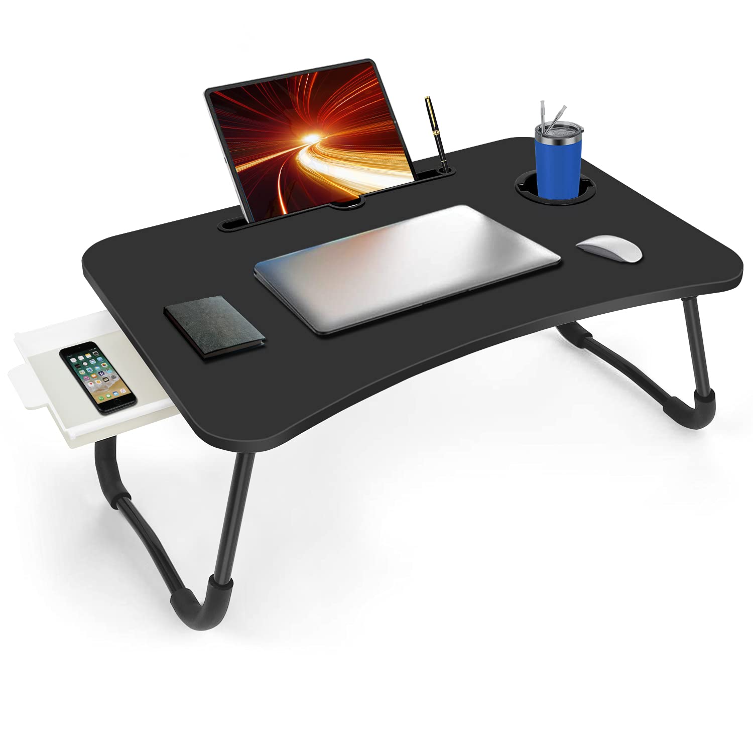 Fayquaze Foldable Laptop Bed Table with Storage Drawer & Cup Holder - Portable Lap Desk for Working, Eating & Reading - Perfect for Home Office, Dorm Room & Bed Use