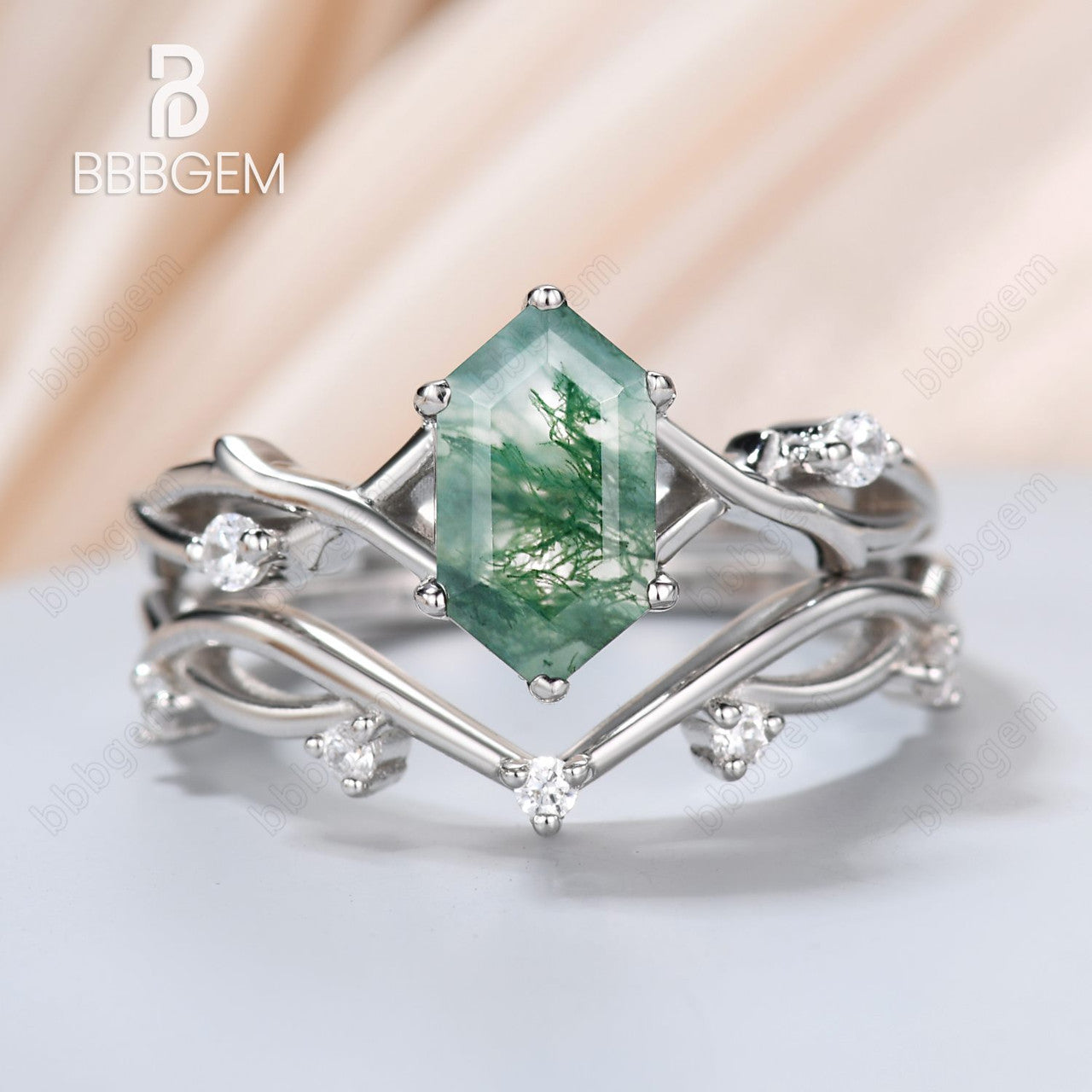 Vintage Moss Agate Promise Ring Set for Women - Nature Inspired Branch Twig Vine Design, Long Hexagon Cut Art Deco Style Jewelry - Perfect for Engagement, Anniversary Gifts & Boho Fashion Accessories